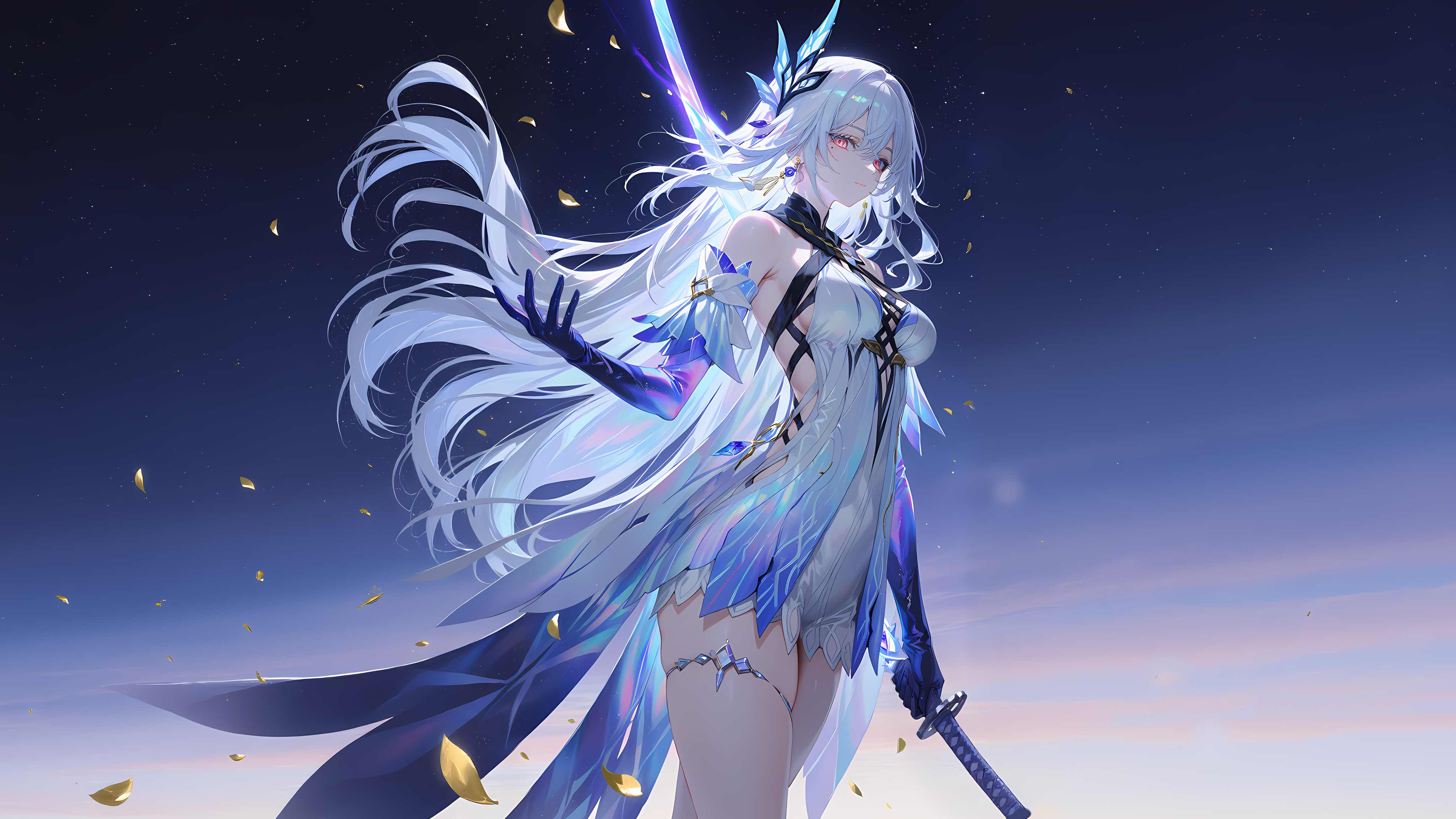 AI绘画原神丝柯克4K电脑壁纸，冰晶战衣与星辰夜空奇幻剑士