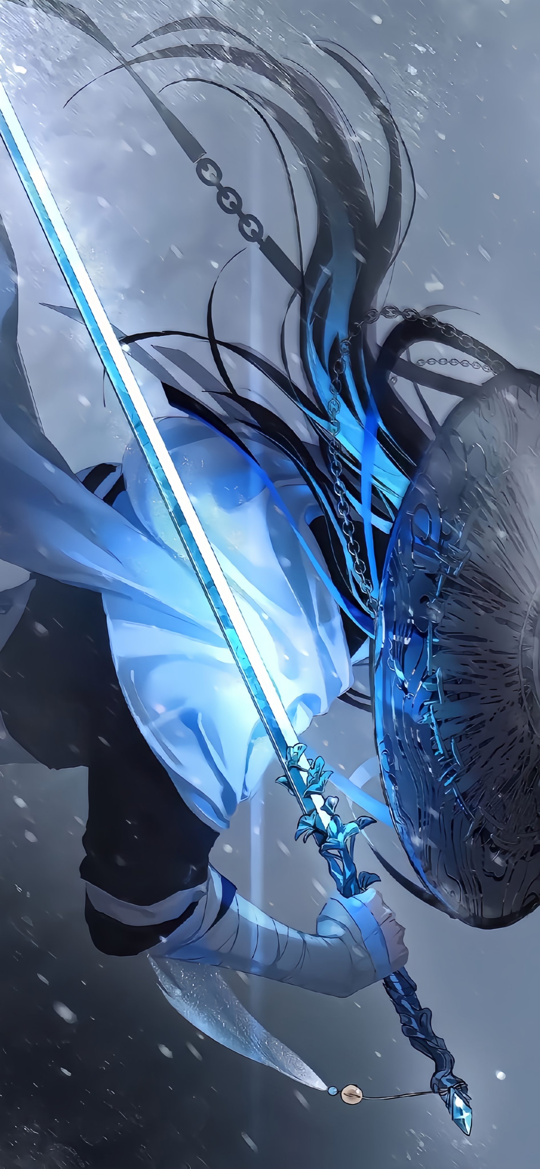 古风剑客 4K 手机壁纸 - 蓝白飘雪意境，适配全面屏 / 曲面屏