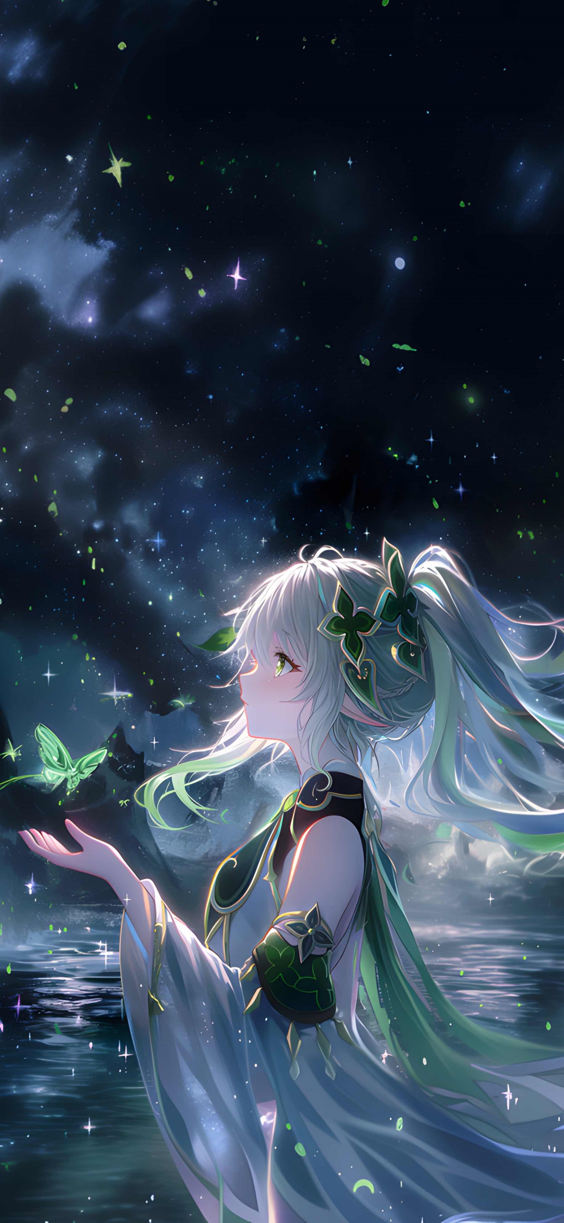 原神纳西妲 4K 手机壁纸 - 荧光蝴蝶互动 + 星空水面