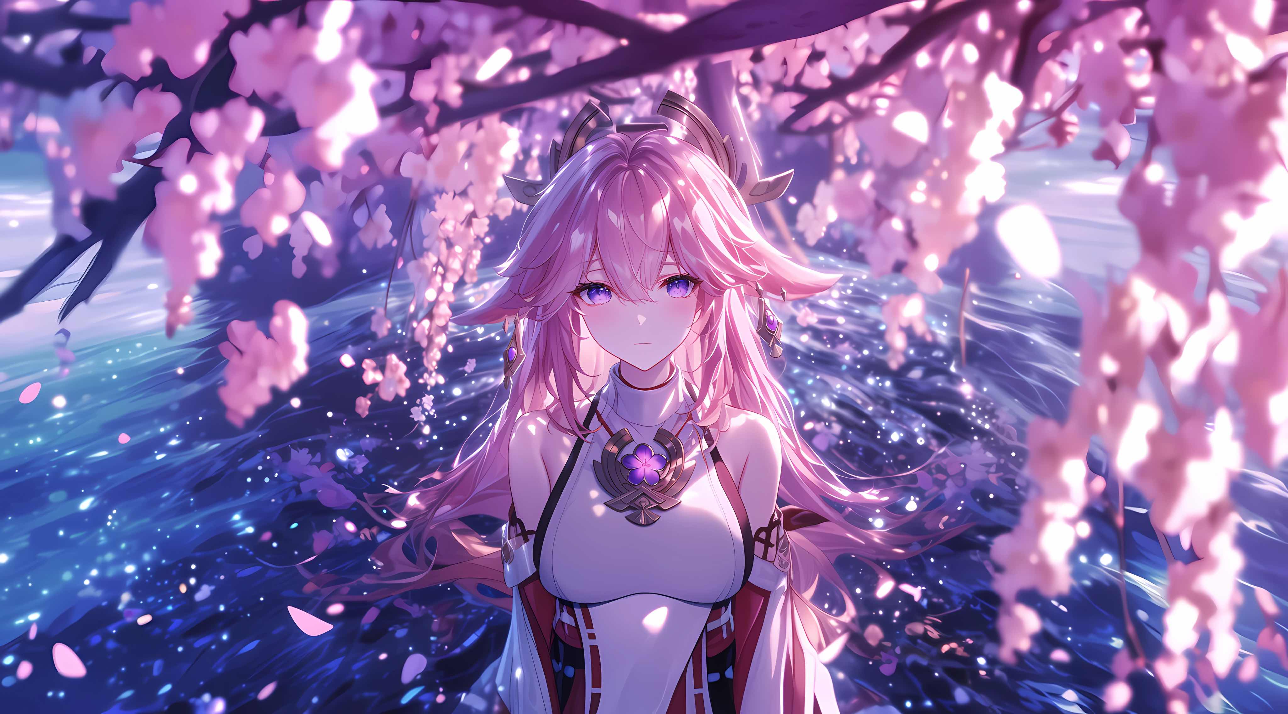 神八重神子 4K 壁纸 - 粉樱环绕稻妻巫女，适配 27 寸超宽屏