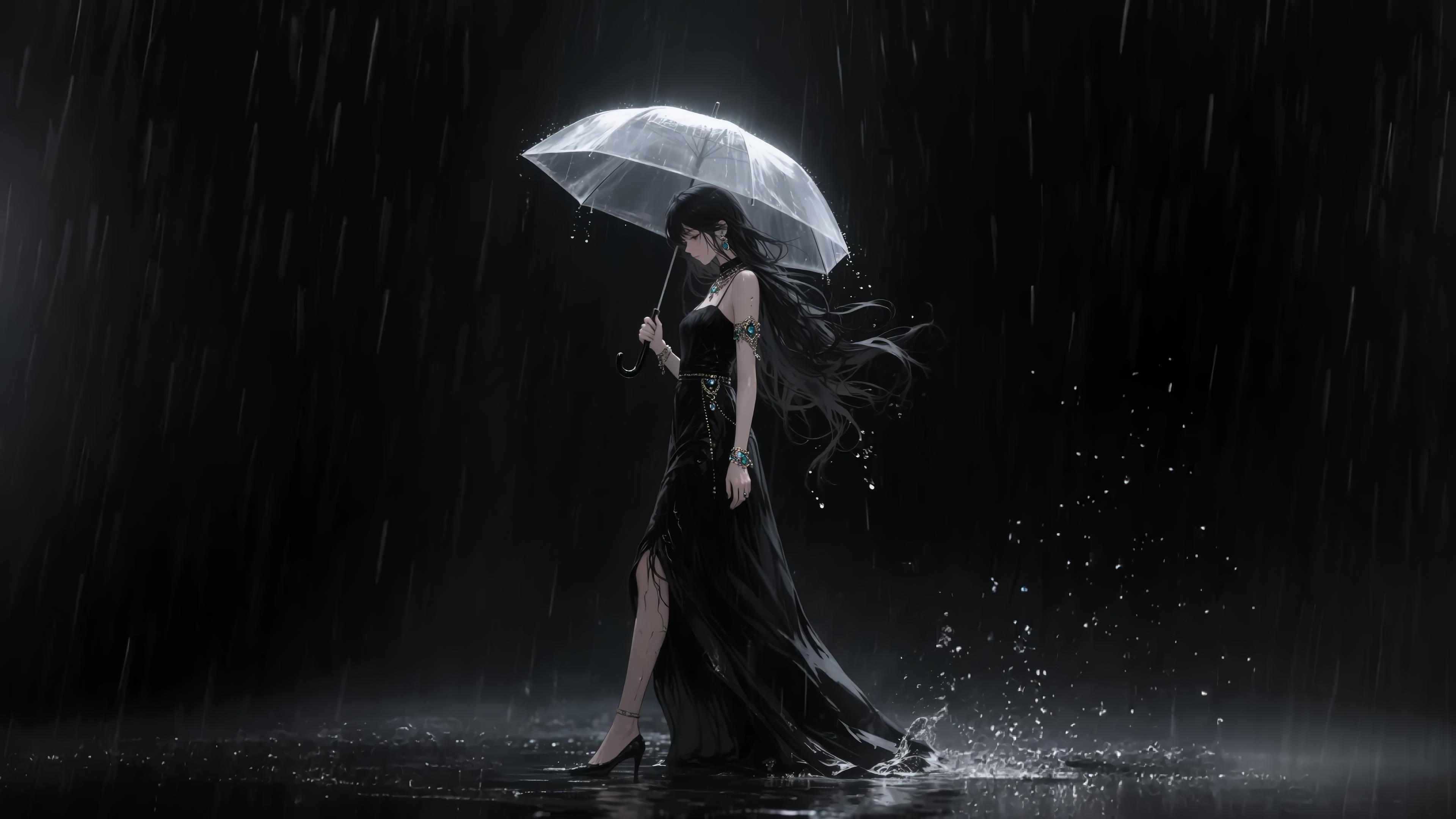 撑透明伞的长发女子于雨夜中独行，黑色开衩长裙与水滴倒影4K壁纸