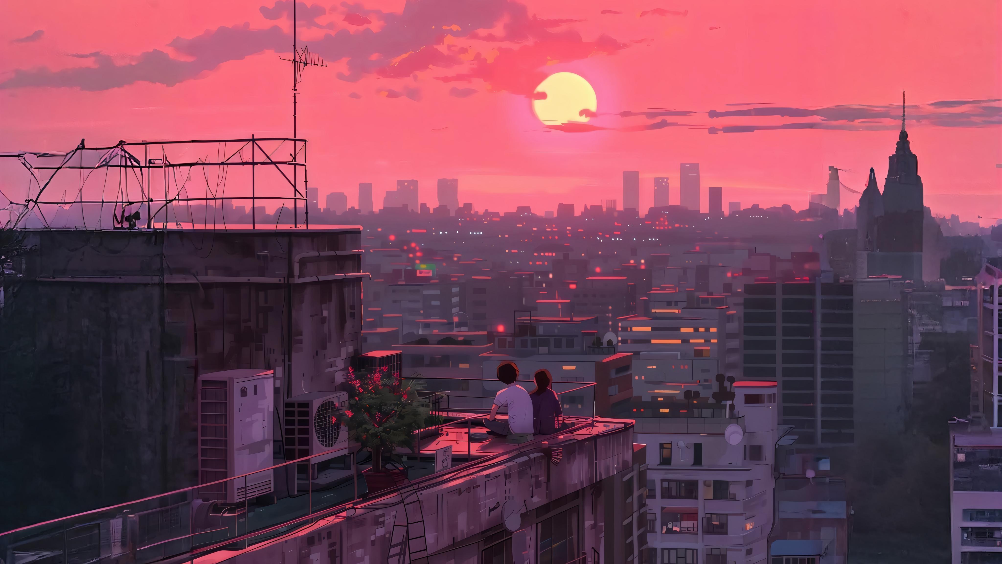 动漫4K电脑壁纸，屋顶夕阳下少年少女并肩眺望城市天际线，粉橙色天空与城市灯火交织