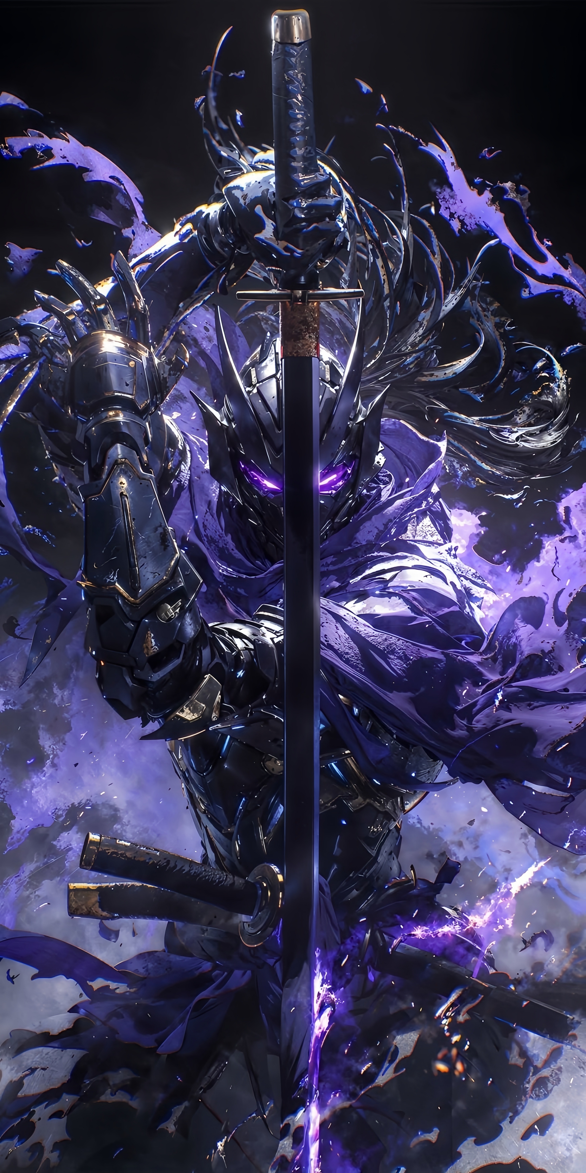 暗紫能量武士手握武士刀，身披残破斗篷，紫色能量弥漫的4K手机壁纸