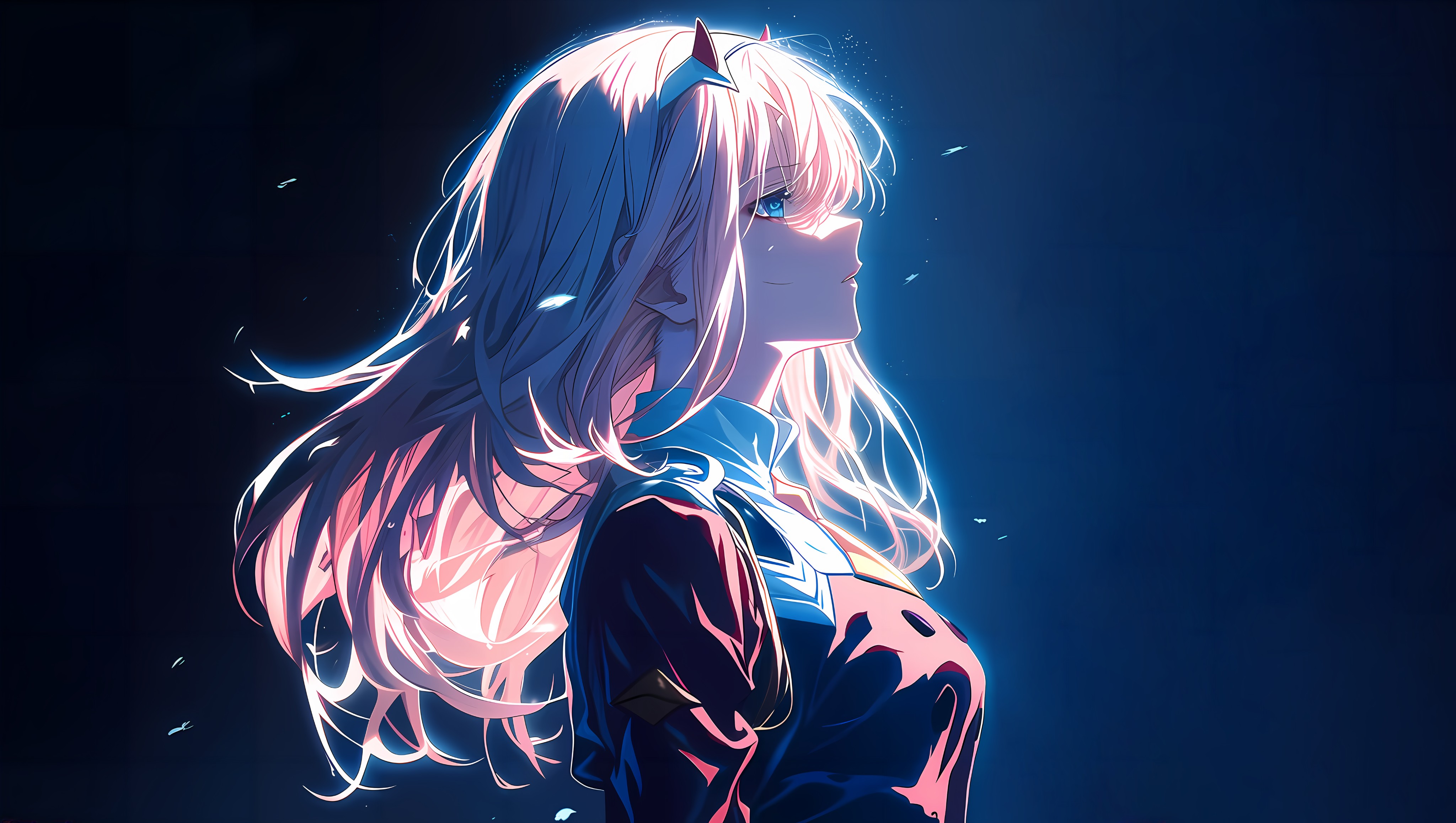 零二（02）侧脸剪影插画风壁纸，《DARLING in the FRANXX》女主角，蓝光发丝4K高清画质