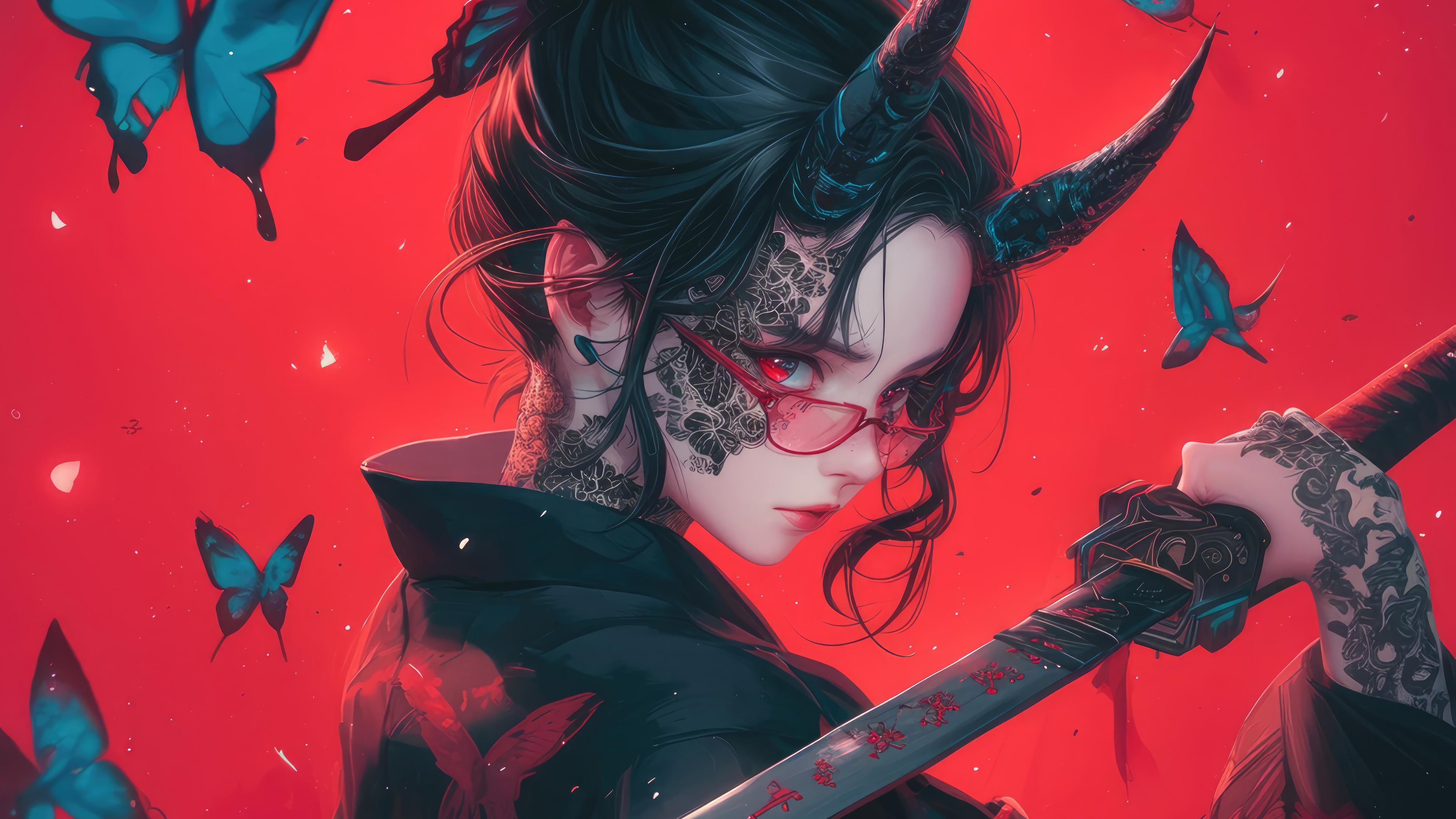 红底背景下恶魔少女侧眸，角饰眼镜与血痕武士刀4K高清壁纸