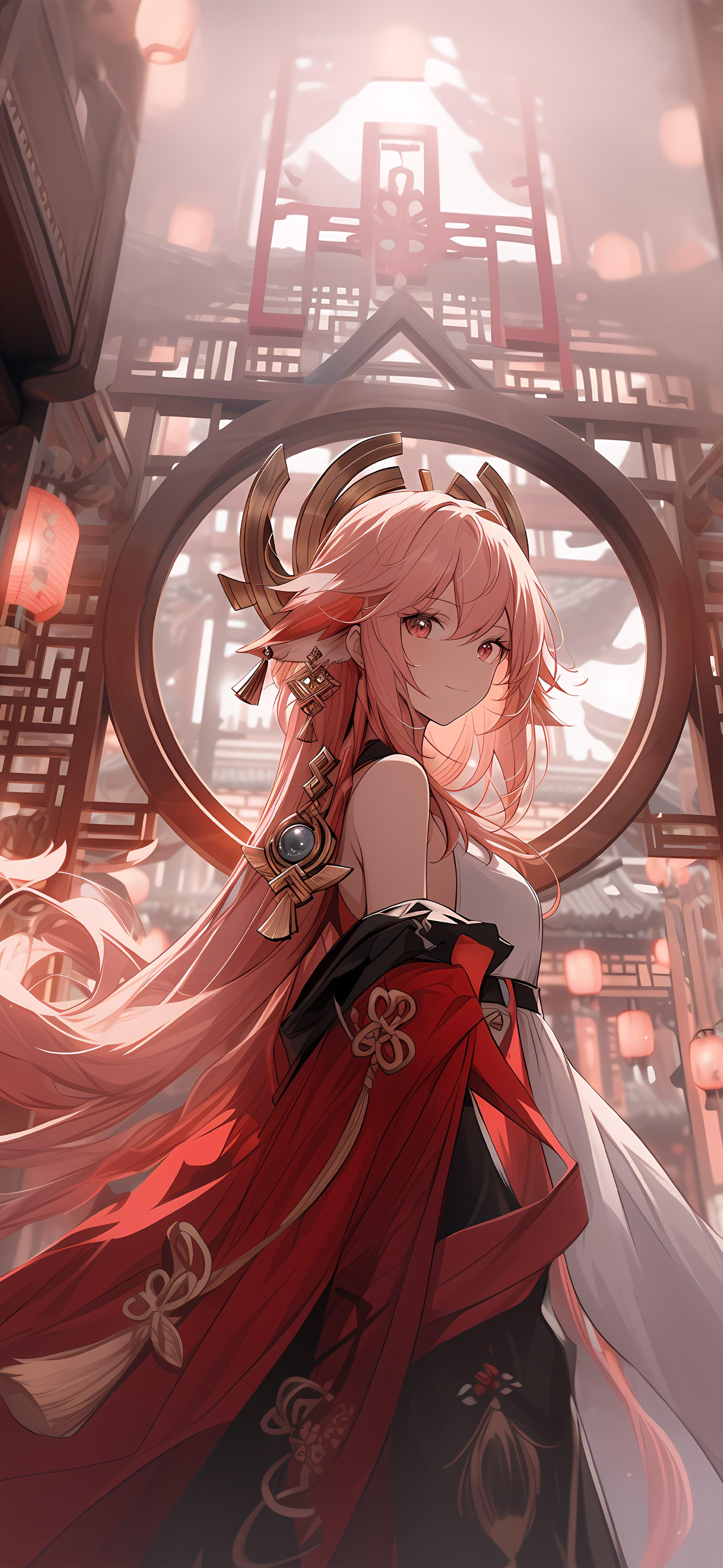 《原神》八重神子4K手机壁纸，粉色长发狐狸耳，白色红色服饰造型，古建筑背景，典雅风二次元插画
