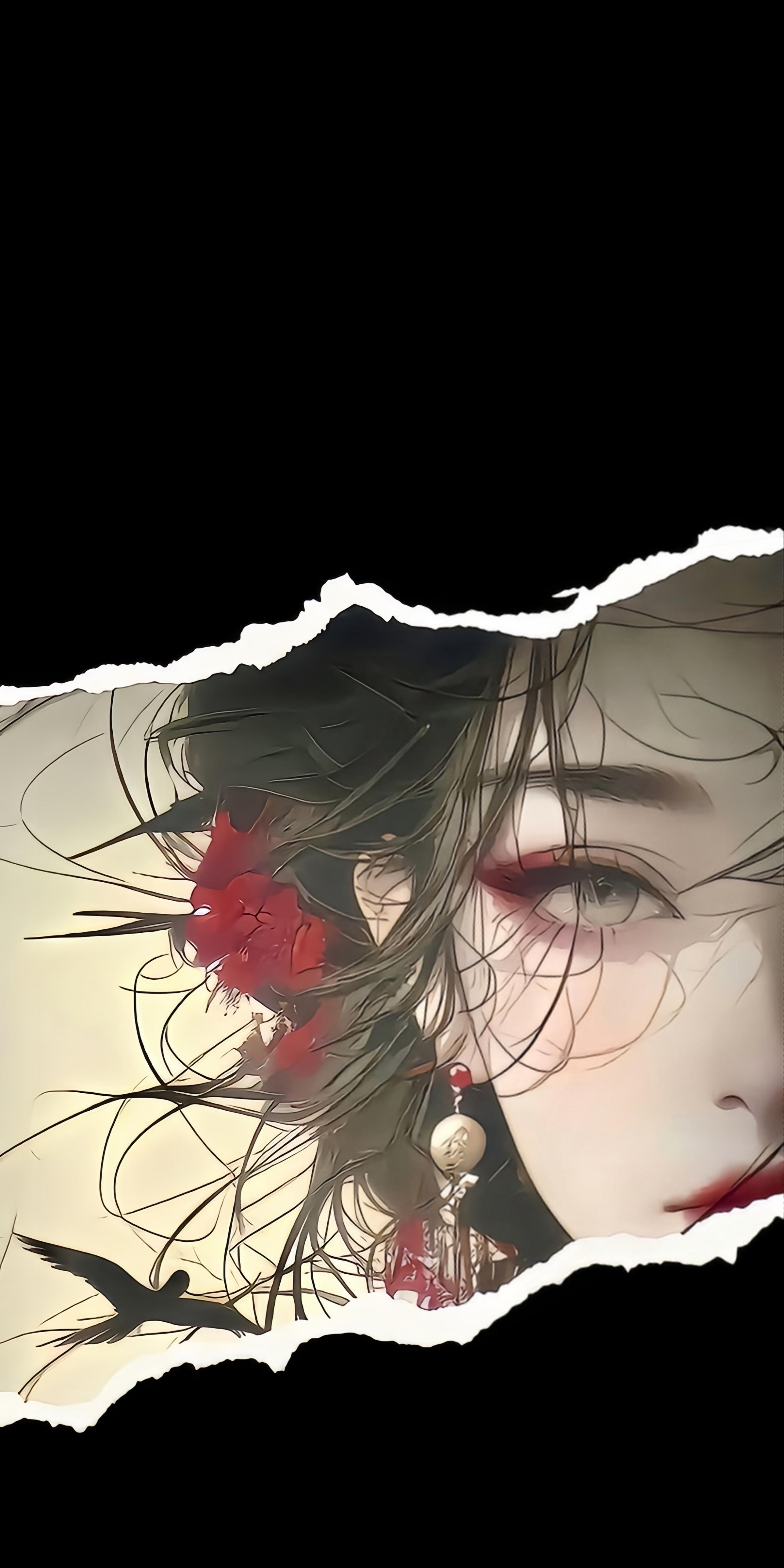 古风女子撕裂画风半脸特写，黑红搭配与飞鸟元素的4K手机壁纸