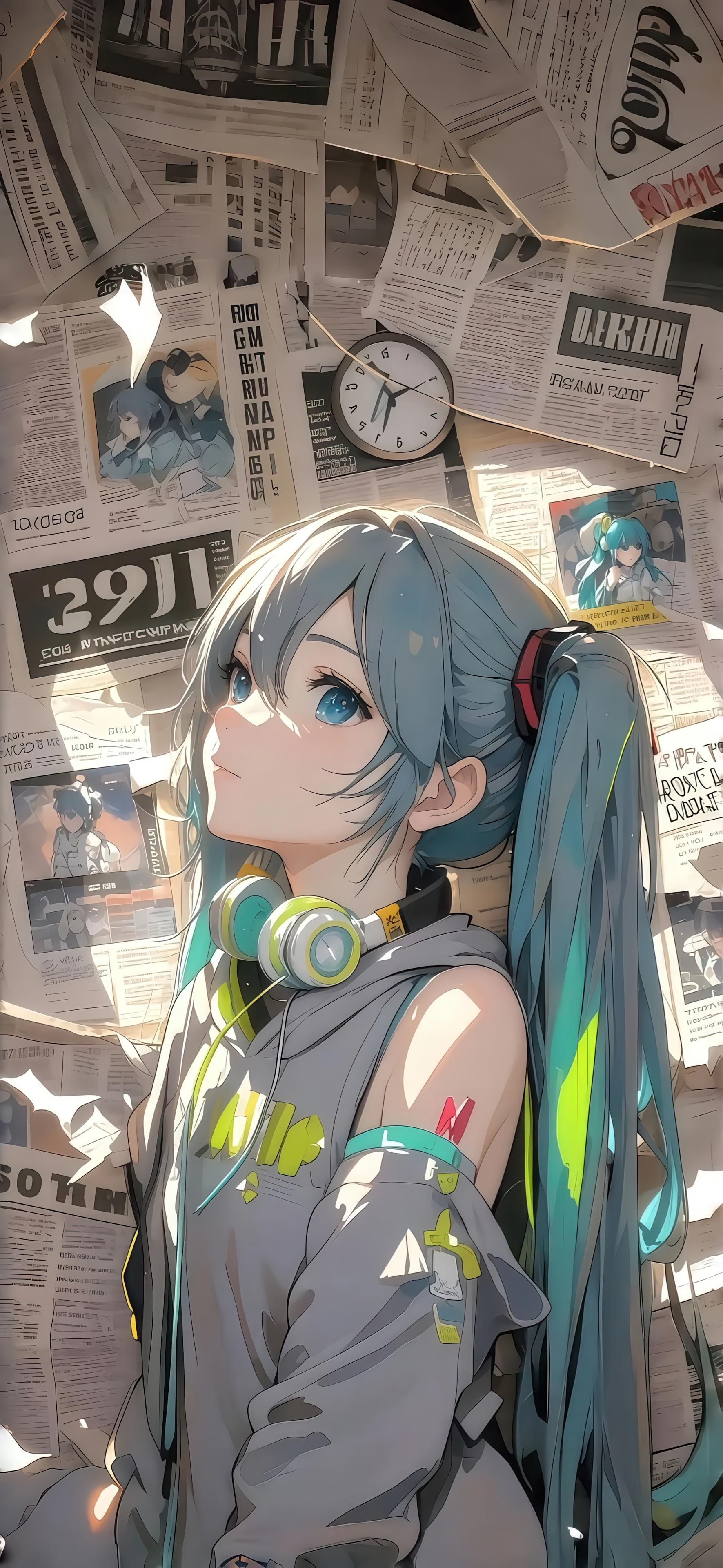 初音未来戴耳机侧眺，背景为贴满报纸与海报的墙面4K手机壁纸