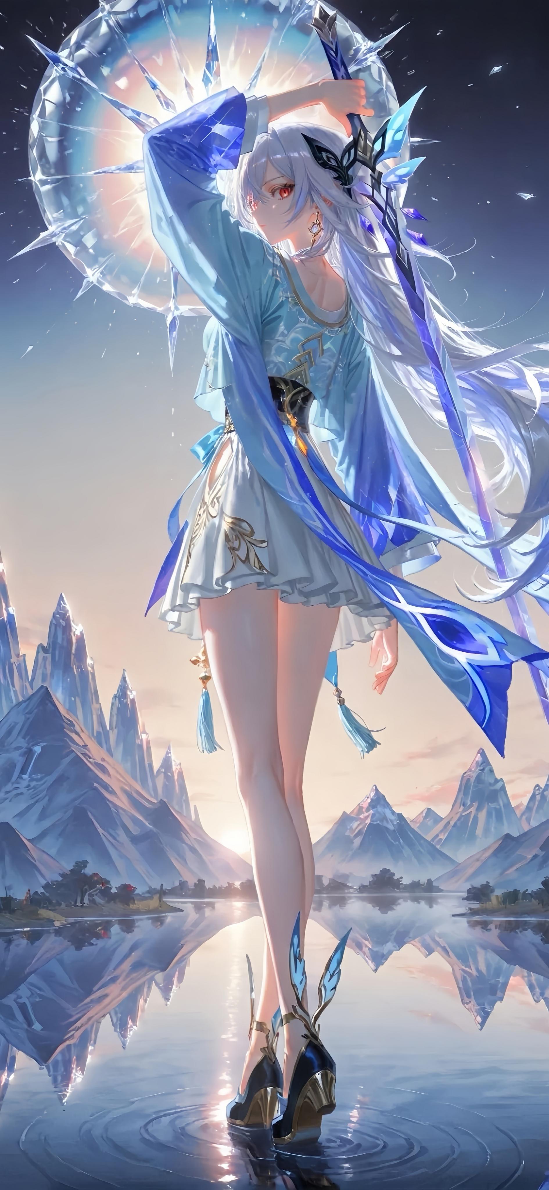 崩坏：星穹铁道镜流4K手机壁纸，美少女执冰晶剑踏雪山湖畔，蓝白服饰飘带与冰晶光环交相辉映
