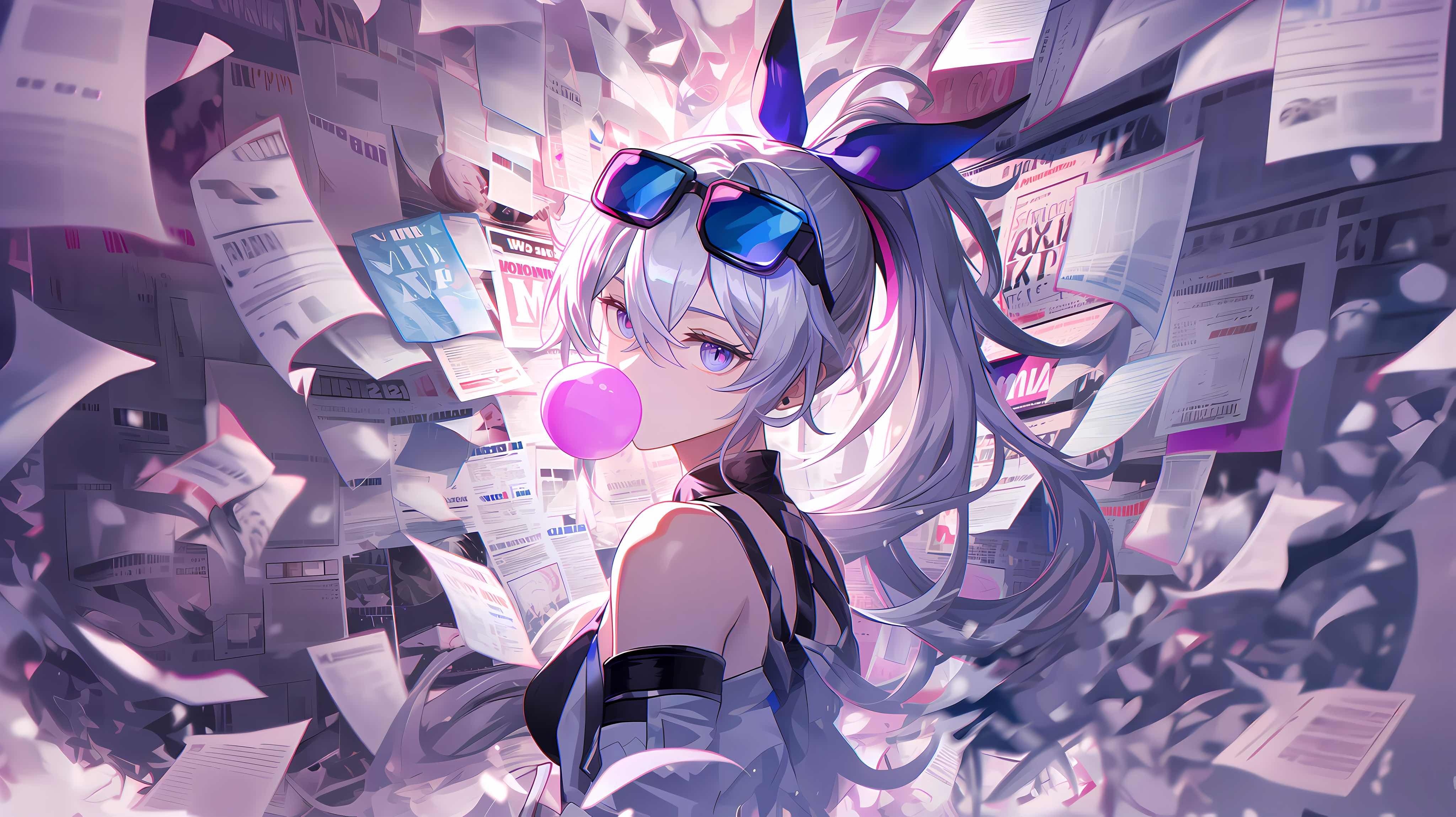 崩坏：星穹铁道银狼4K电脑壁纸，银灰长发少女吹泡泡糖，背后报纸碎片与紫粉光流交织