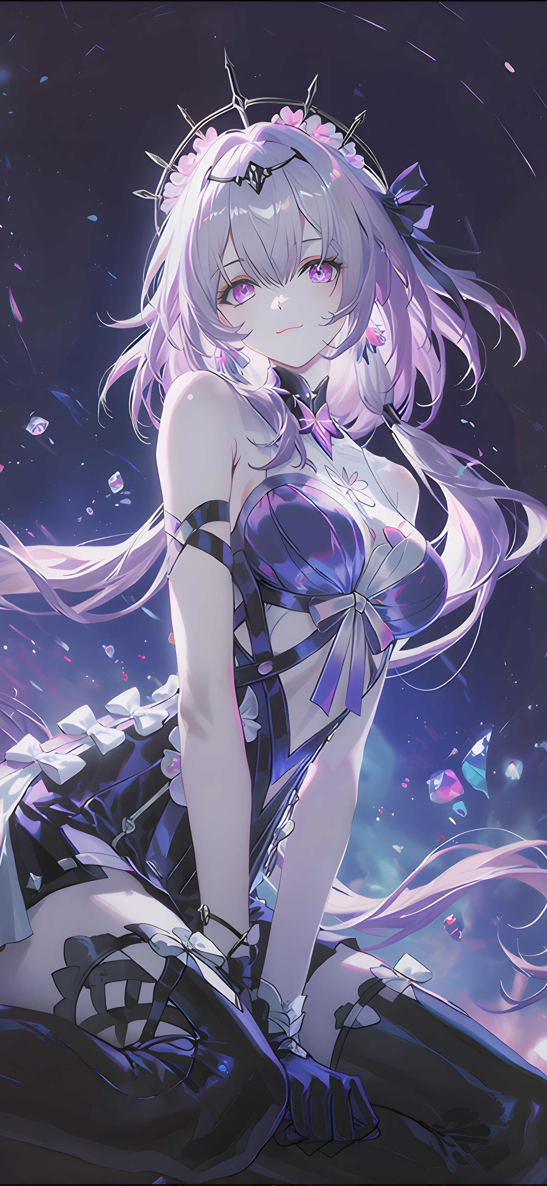 崩坏：星穹铁道遐蝶紫发少女，蝶翼发饰与星海粒子4K手机壁纸
