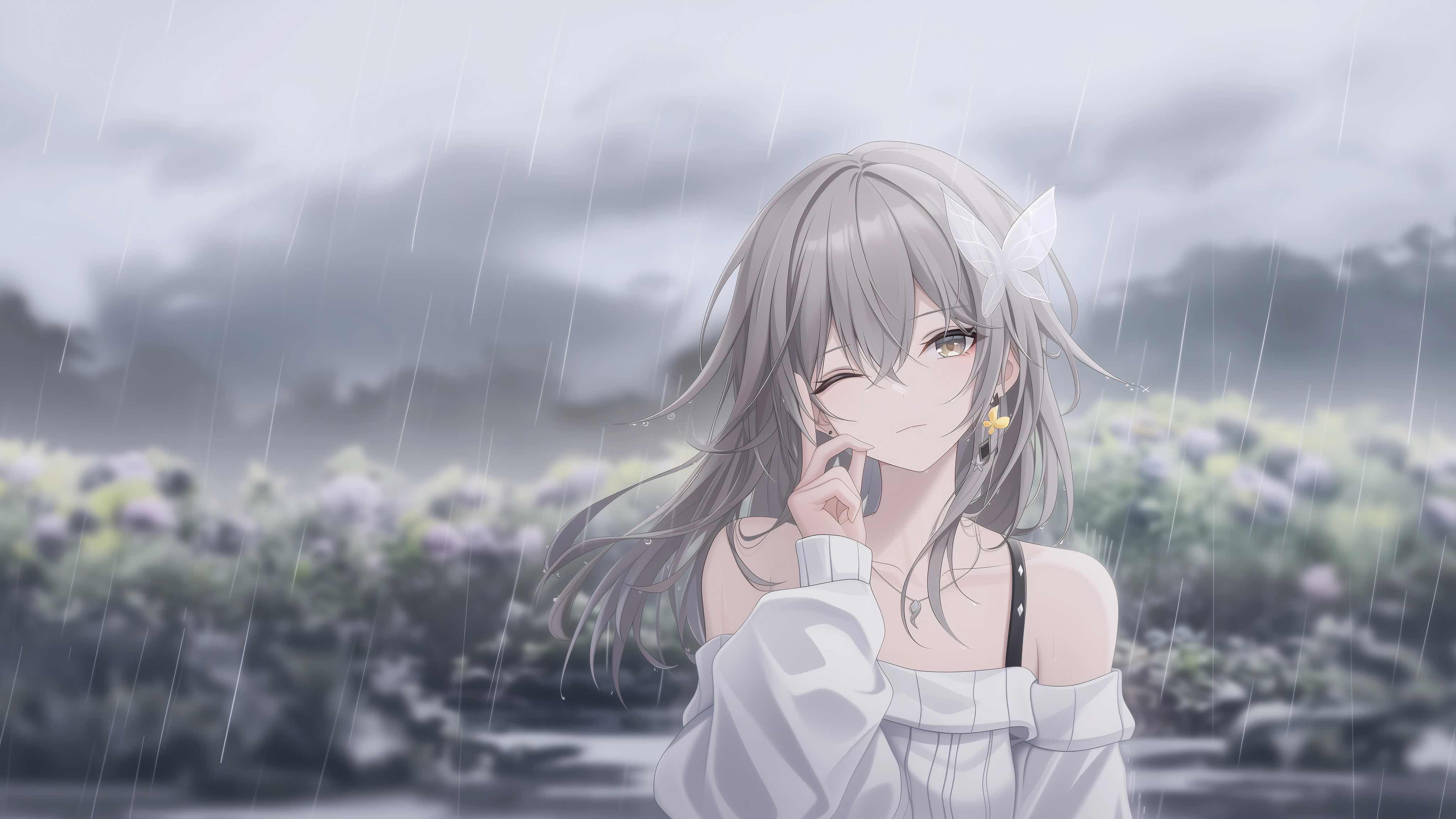 崩坏：星穹铁道流萤4K电脑壁纸，浅灰长发少女托腮微笑，雨幕背景下呈现文艺清新气质