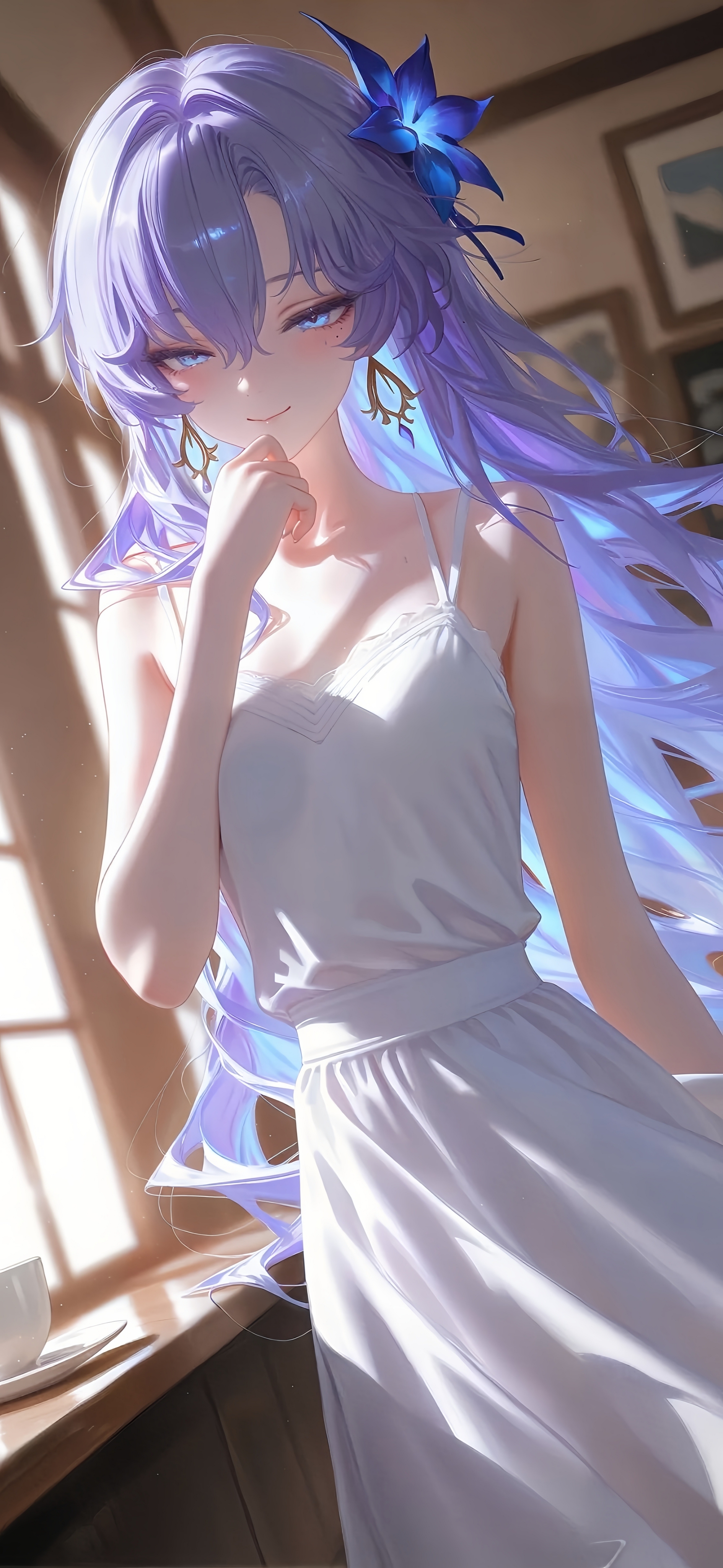 鸣潮坎特蕾拉4K手机壁纸，浅紫长发少女侧身凝望，白纱连衣裙与柔光窗景唯美画面