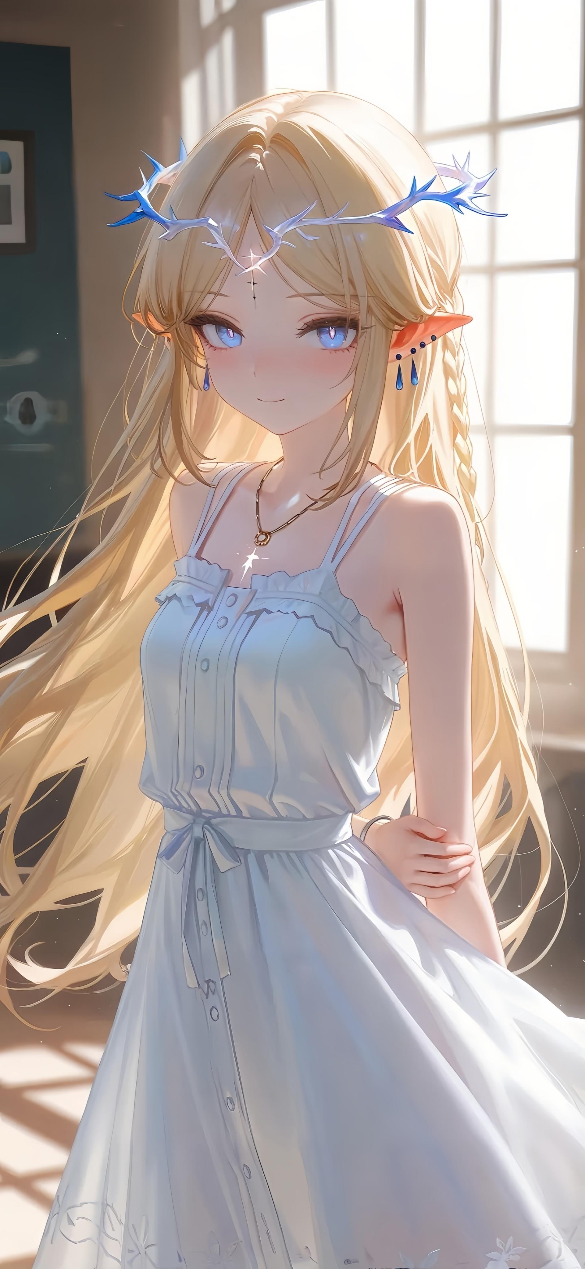 《鸣潮》卡提希娅4K手机壁纸，金色长发精灵少女戴蓝色树枝鹿角发饰，白色夏日连衣裙在窗边沐浴晨光
