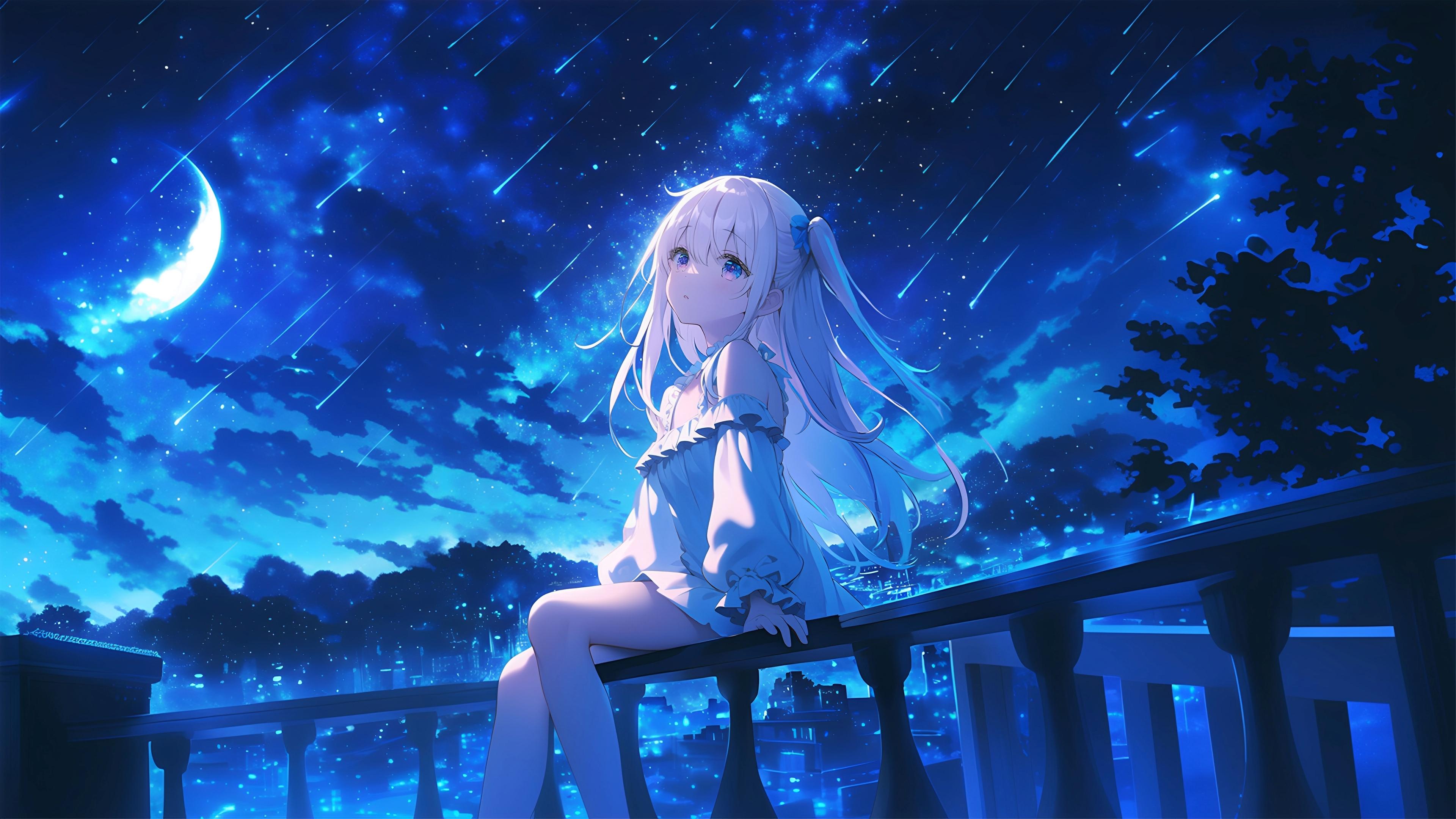 女孩独坐阳台仰望夜空，流星划过月华与星海的4K高清壁纸