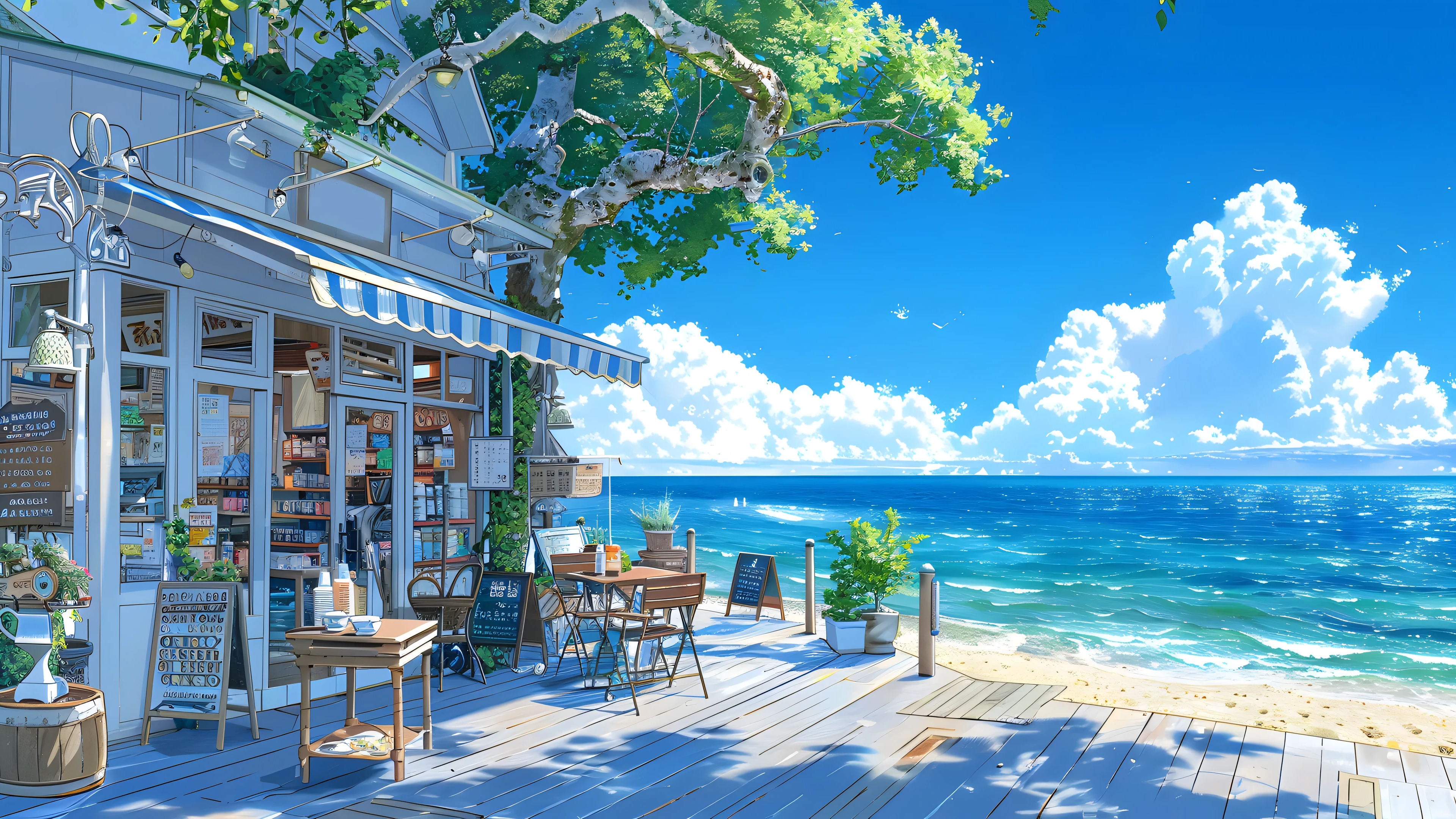 夏日海边小店风景插画，蓝白条纹遮阳篷，木质露台与海浪交相辉映，3840×2160 4K高清无水印