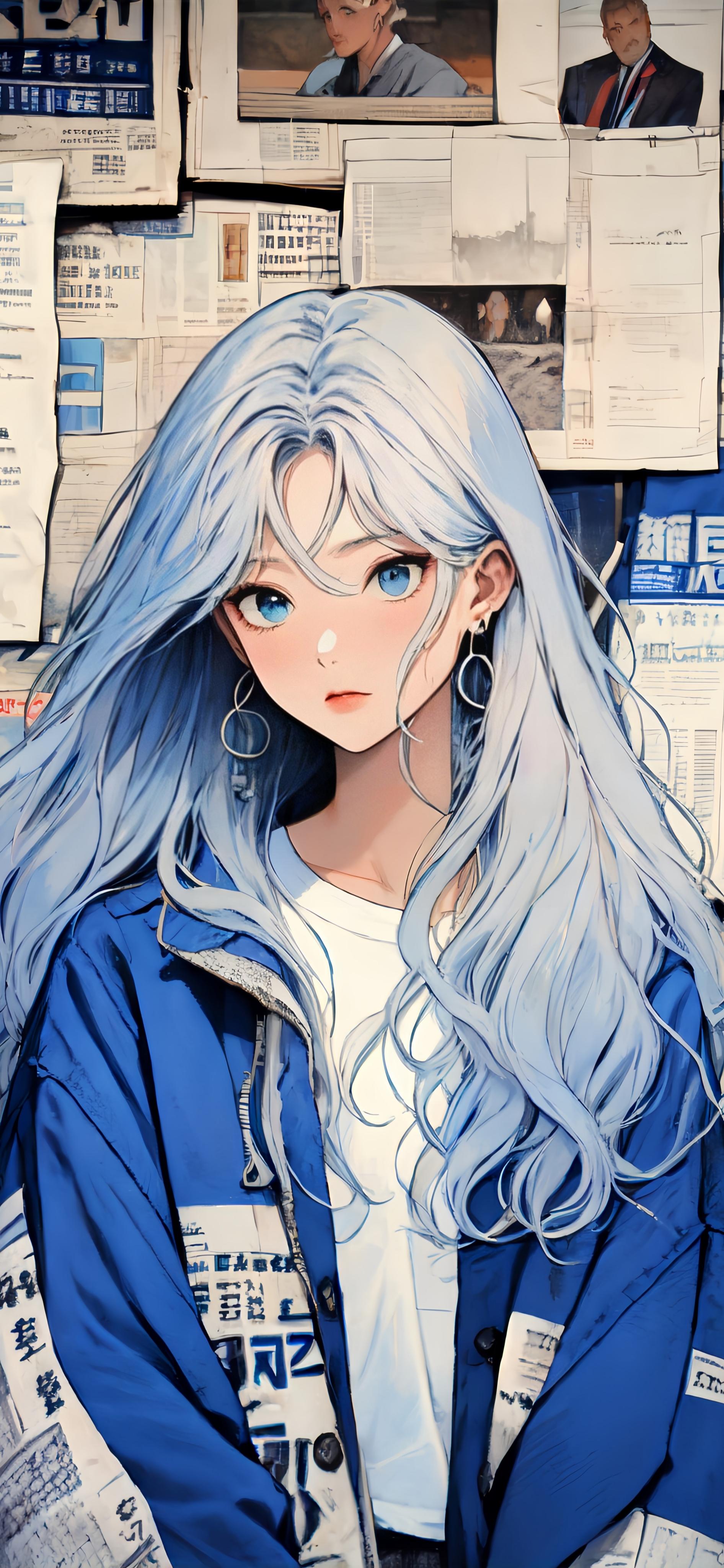 动漫少女 淡蓝色长卷发 蓝白拼色外套 报纸剪贴图案 复古背景 4K 手机壁纸