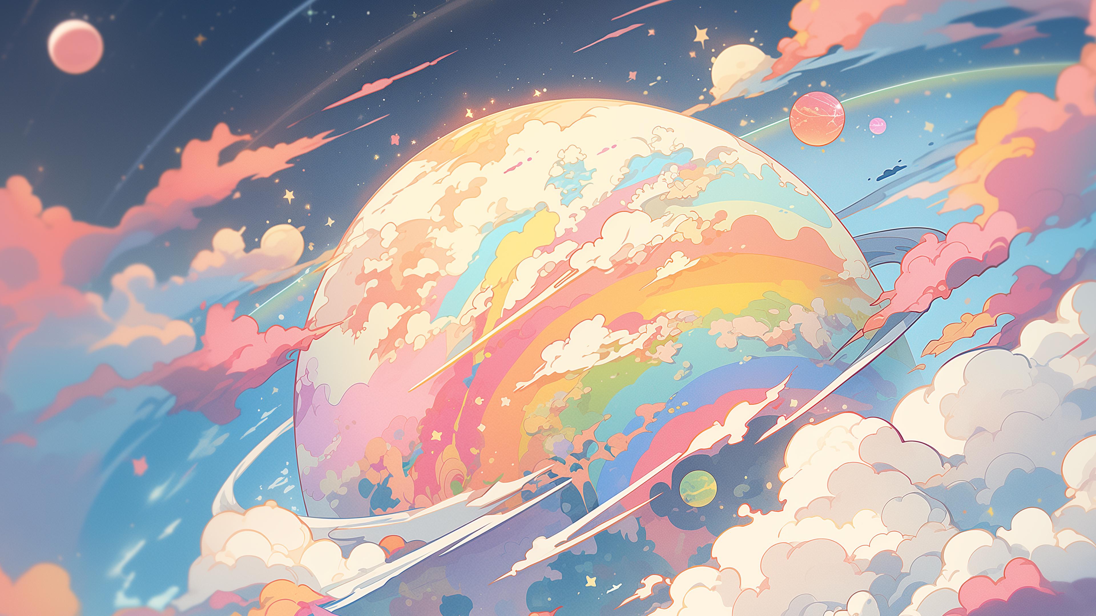 4K电脑壁纸，梦幻动漫风宇宙奇景：云雾环绕彩色星球，深邃星空与流星点缀浪漫氛围