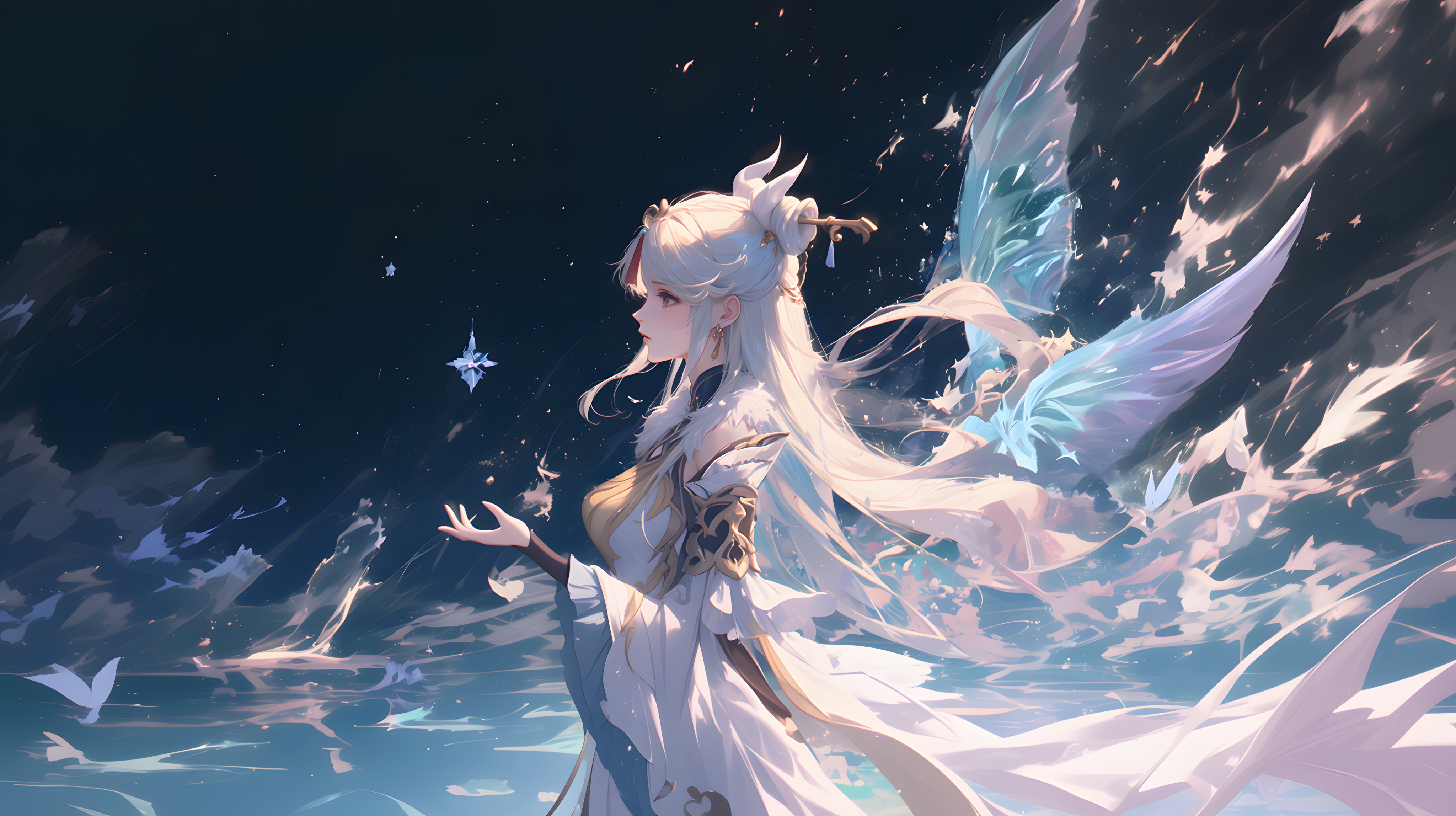 《原神》凝光4K高清壁纸，冰雪翅膀与夜空中的星星，展现精美细致的动漫风格