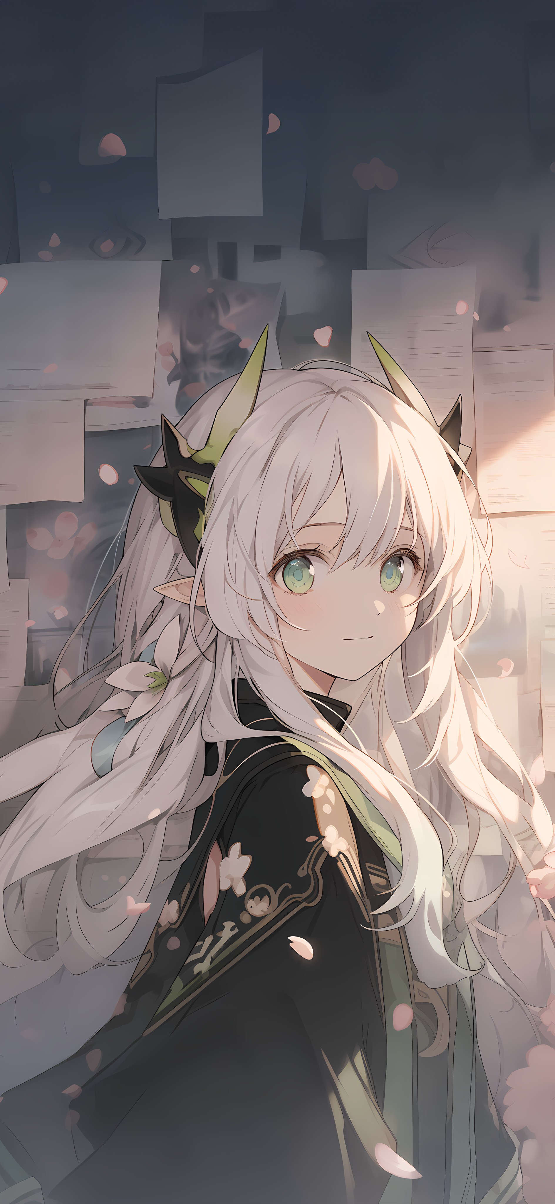 AI 绘画纳西妲同人 4K 壁纸（绿金渐变角饰，服饰绣草纹卷边，背景半透明书卷与樱花，1889×4096 JPG，适配 2025 旗舰手机）
