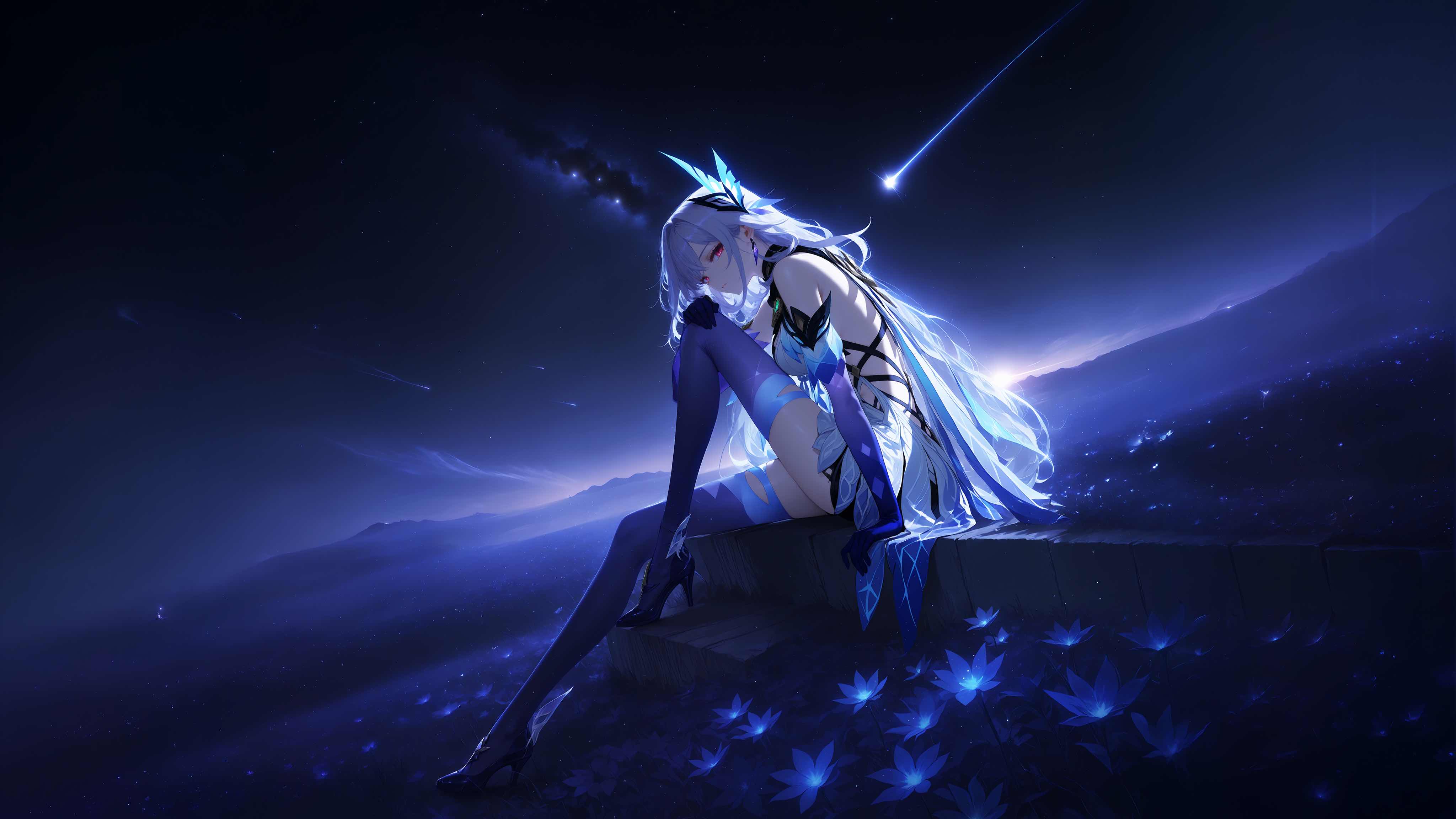 原神丝柯克4K电脑壁纸，银发少女倚坐石阶，夜空星河与流星划过，蓝光花海与破晓余晖交织