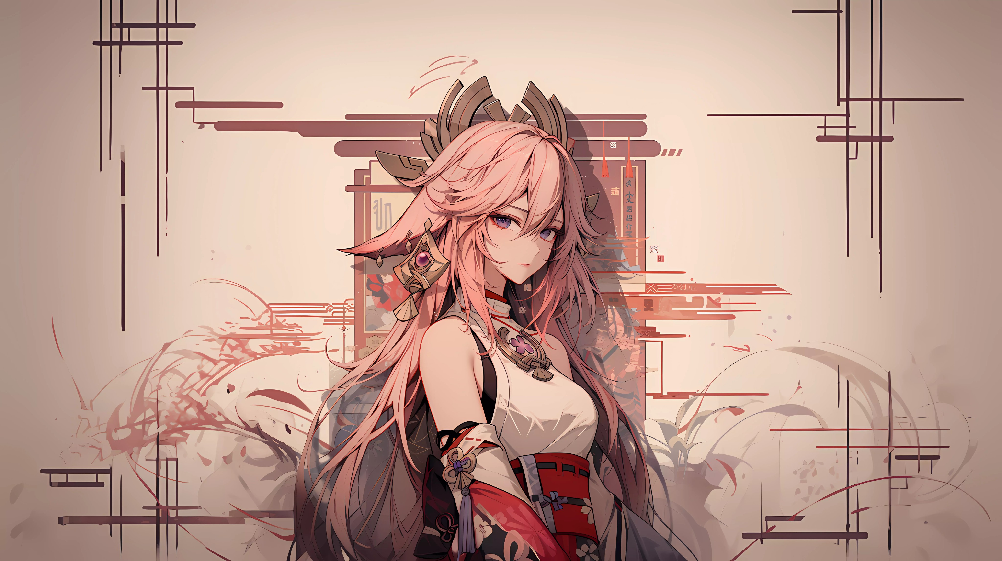 原神八重神子4K电脑壁纸，粉发狐耳少女身着和风花纹服饰，背后隐约浮现狐形神影与樱花花瓣，淡雅日系意境
