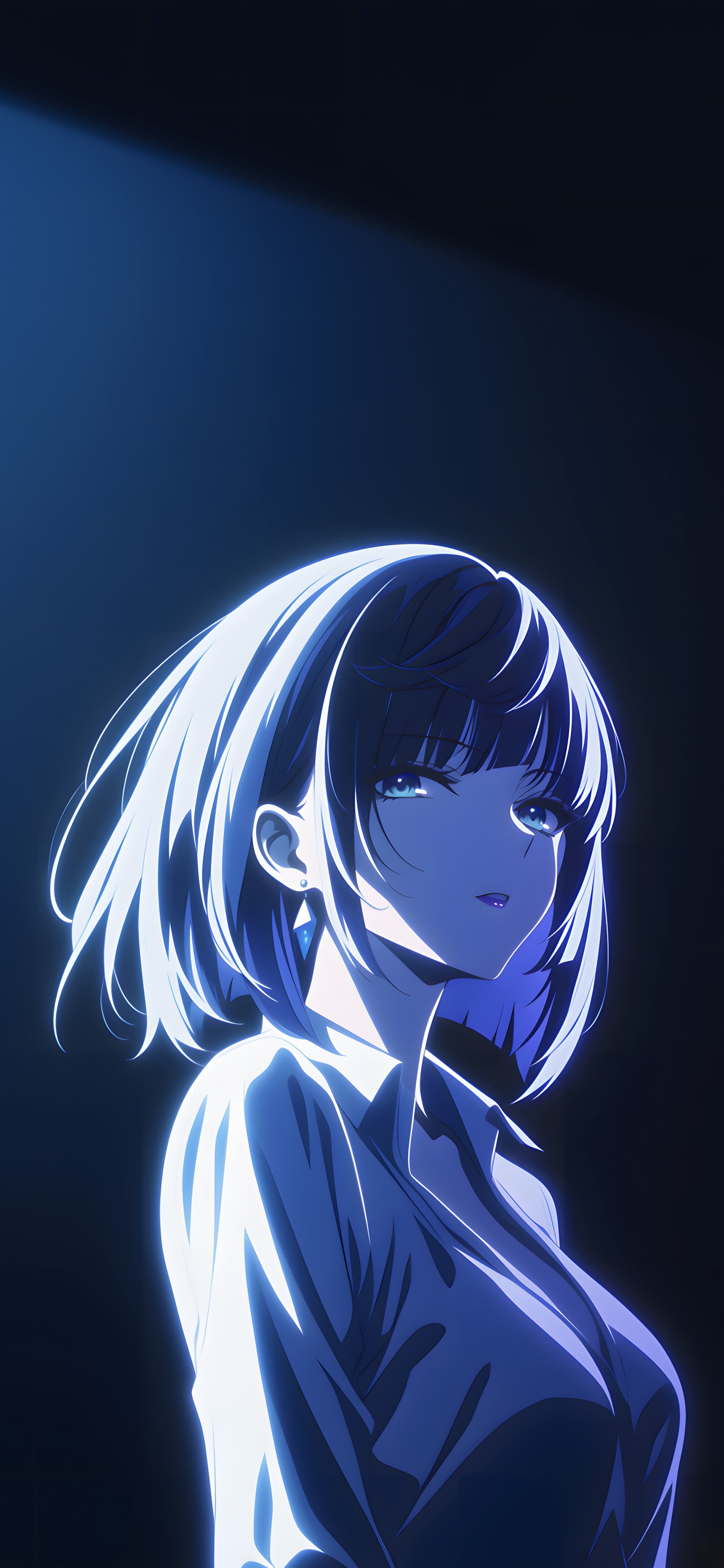 原神夜兰4K手机壁纸，神秘水元素少女夜兰侧身凝视，冰蓝短发在暗夜灯光下泛着冷光，高清1892×4096动漫壁纸下载