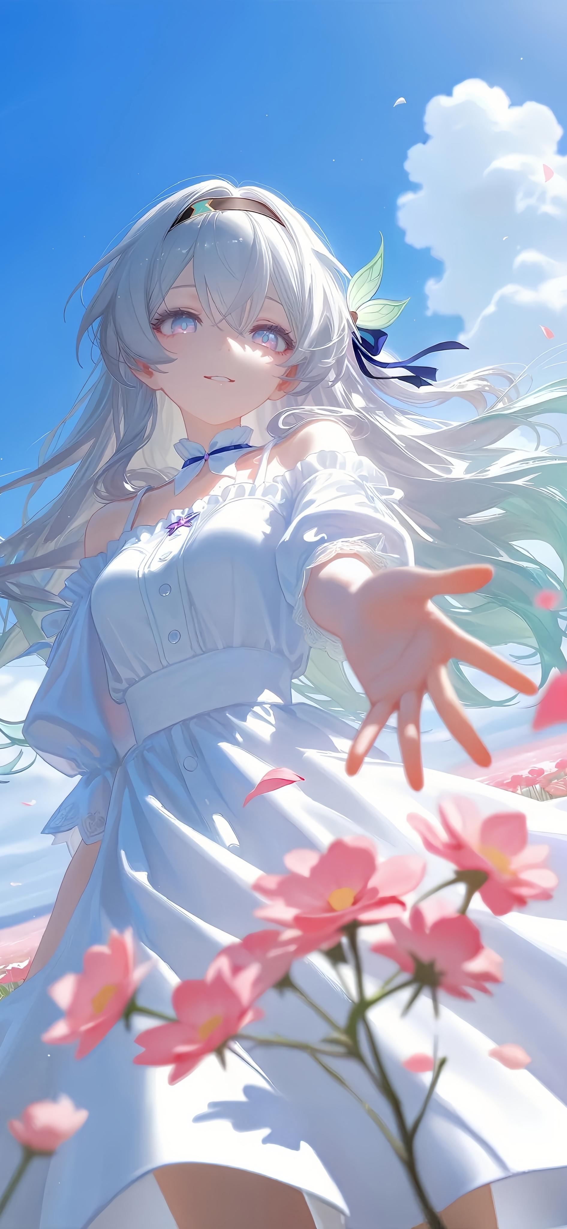 崩坏星穹铁道流萤4K手机壁纸，银灰长发少女手势邀约于花海之中，蓝天白云与粉色花朵烘托夏日温柔氛围