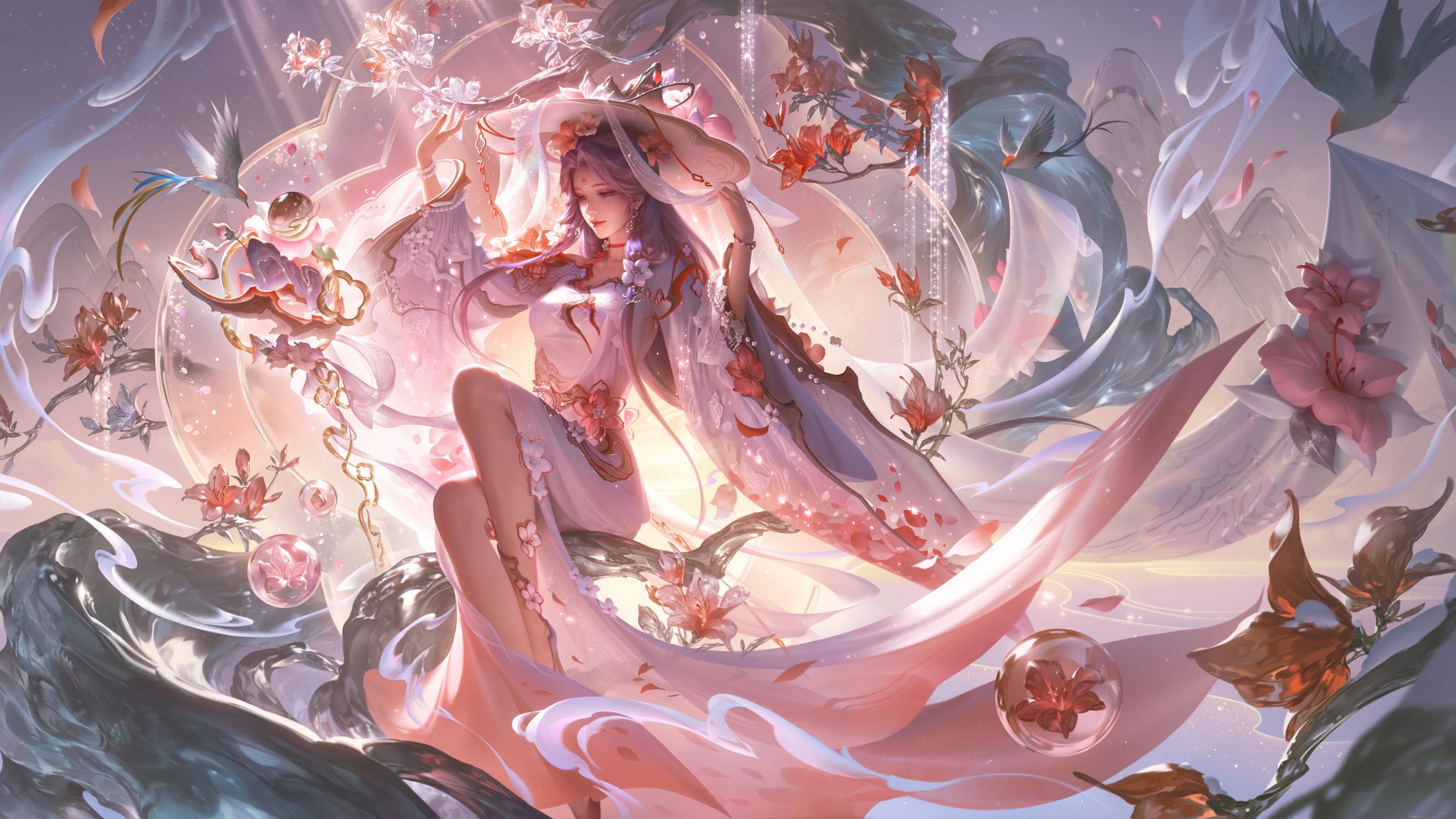 王者荣耀王昭君8K电脑壁纸，淡紫冰晶斗篷女子舞动花瓣与水纹，背景星云与山水梦幻交织