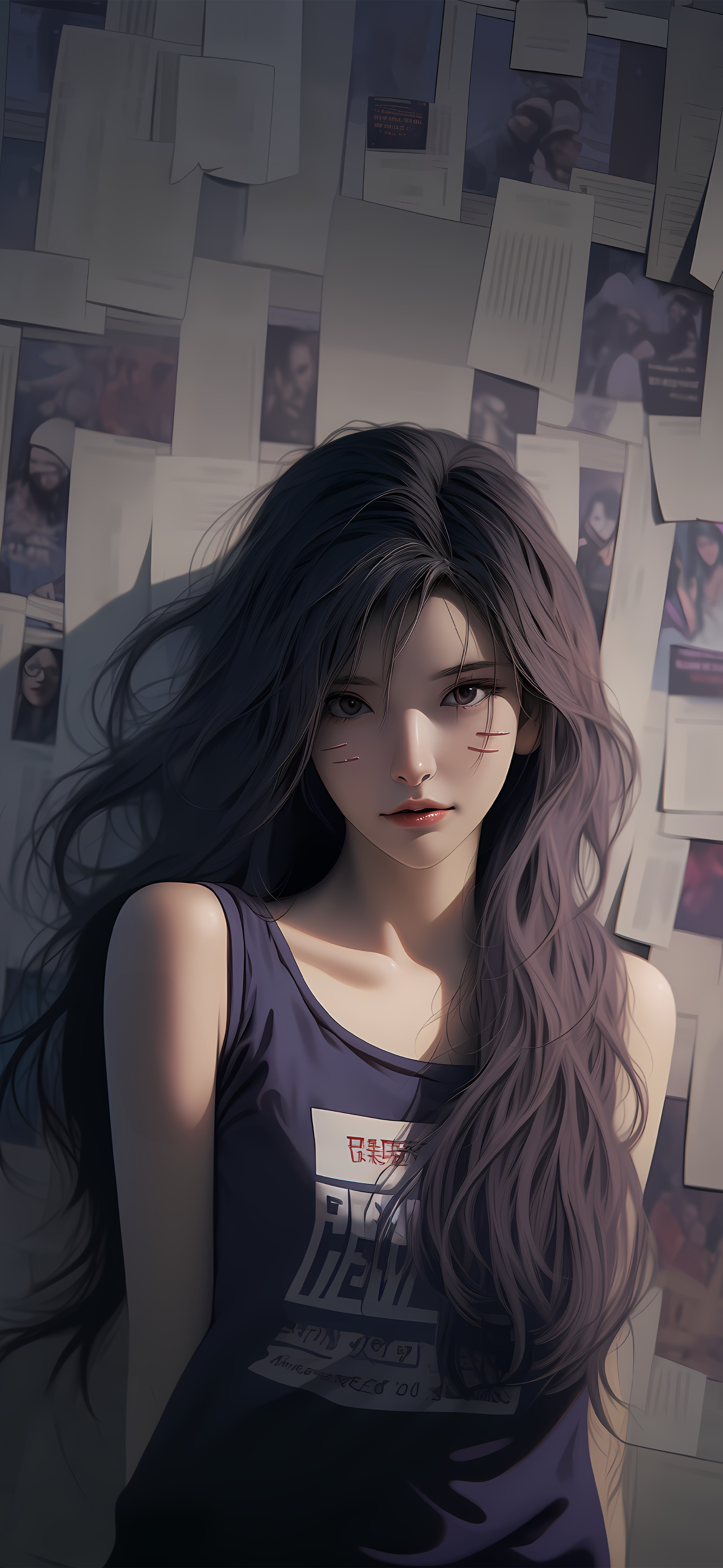 AI 绘画英雄联盟卡莎 4K 壁纸（虚空猎手面纹，深紫做旧背心，发丝流体动力学光影，背景英雄海报墙，1889×4096 JPG，适配 iPhone 16 / 华为 Mate 70）