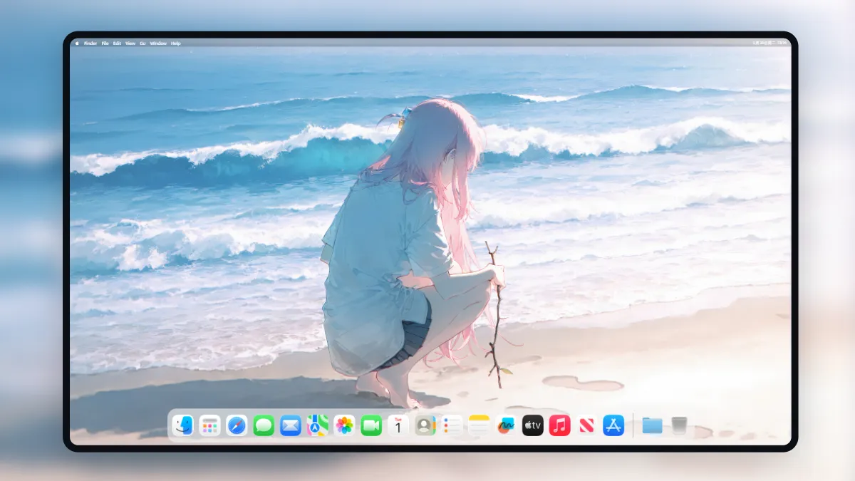 治愈系 4K 动漫壁纸，描绘一位粉色短发女孩在海边沙滩上用树枝写字，背景是蔚蓝的大海和白色浪花。