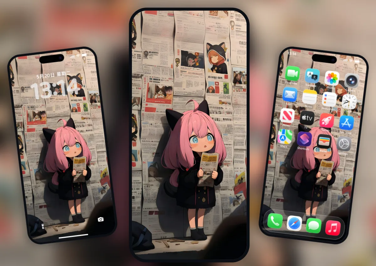 《间谍×过家家》阿尼亚·福杰4K手机壁纸。角色手拿报纸，站在贴满海报的墙壁前，风格可爱。