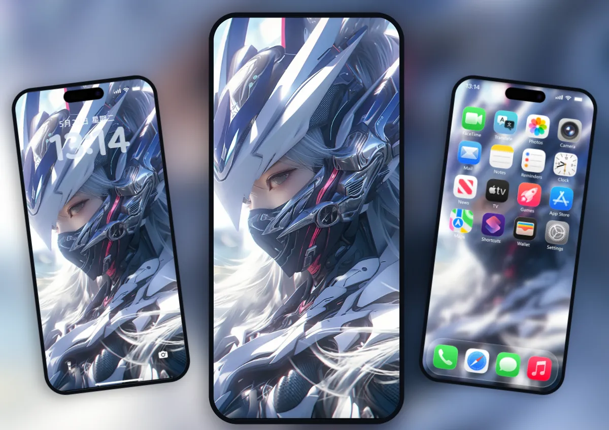 赛博机甲少女特写，银白长发与白蓝机甲头盔，冷冽凝视 · 4K 手机壁纸
