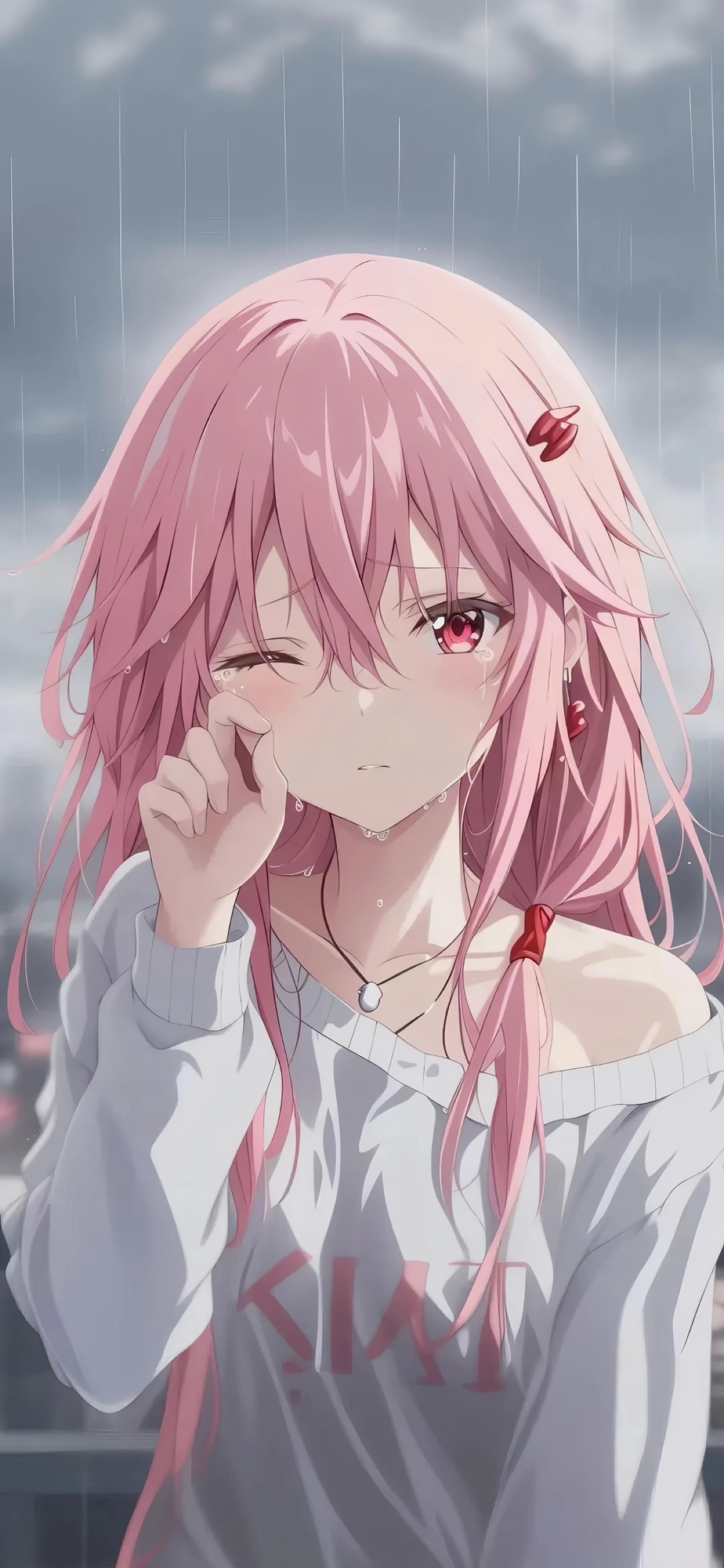 蝶祈动漫4K手机壁纸，展示了粉色长发的少女，唯美的雨景与细腻的表情，适合手机壁纸