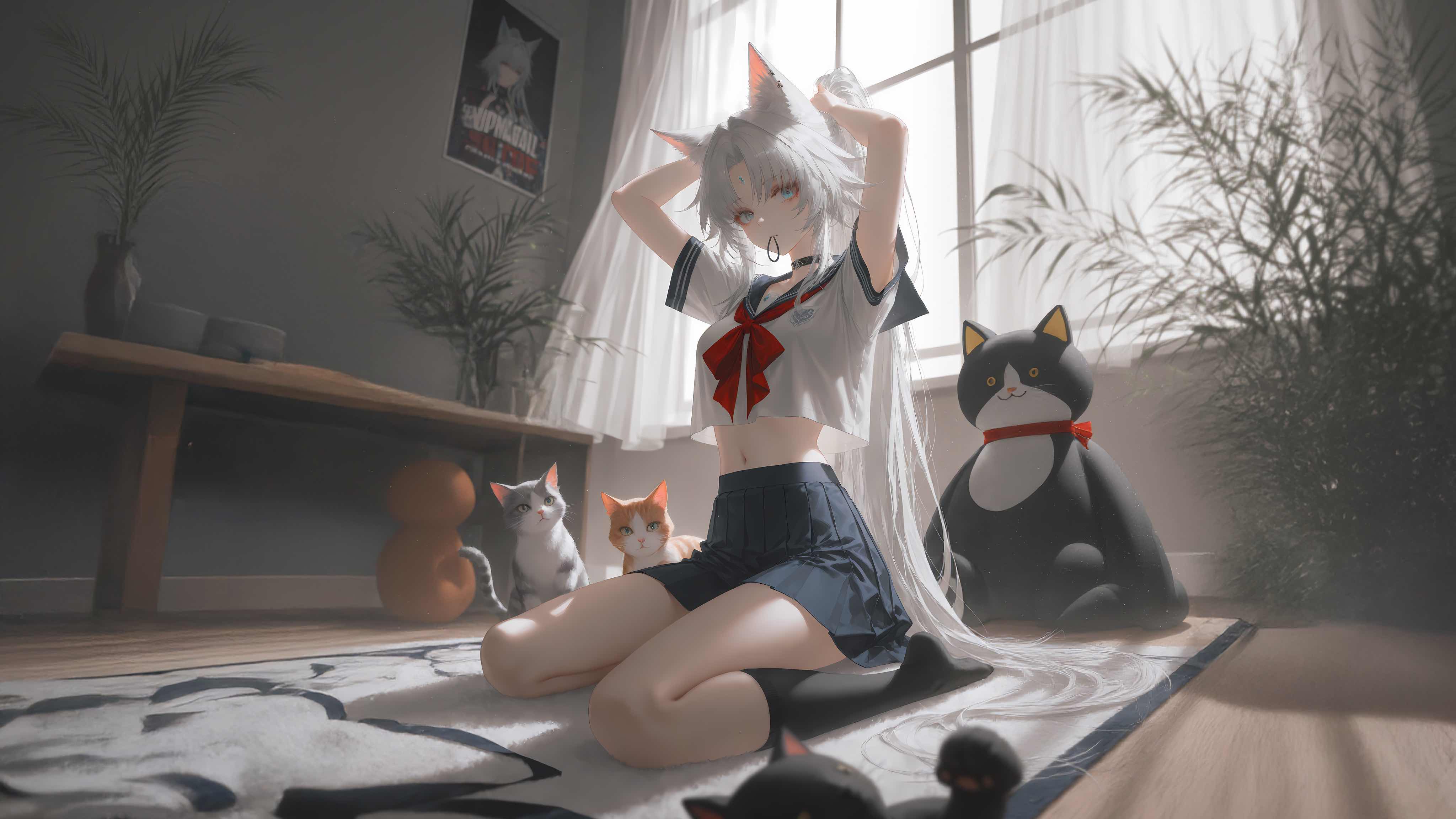 《崩坏：星穹铁道》飞霄4K电脑壁纸，白发兽耳少女身着JK制服与猫咪共处的温馨午后，柔和光影与木地板营造治愈日常（4096×2304，JPG）