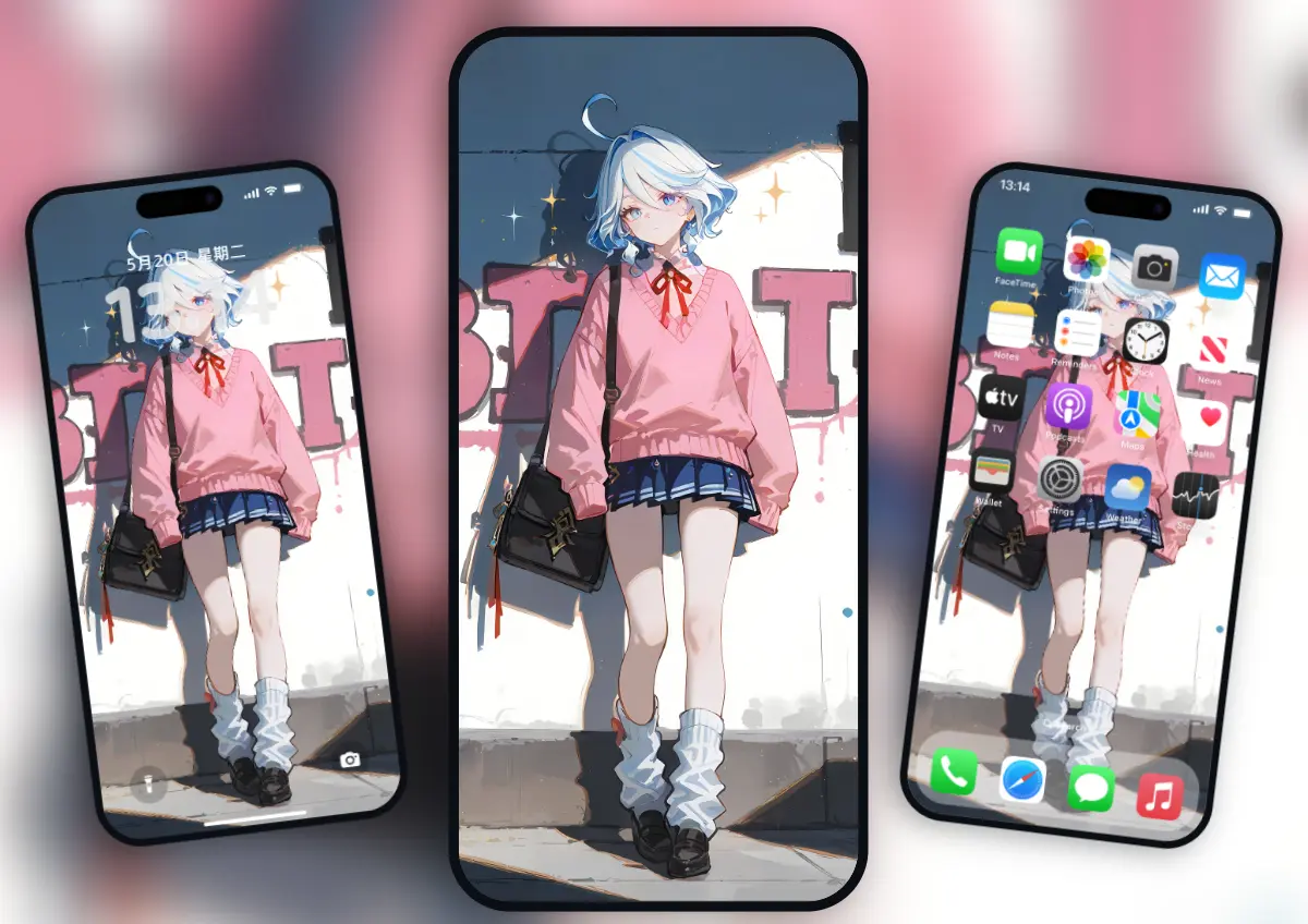 芙宁娜同人：浅蓝短发女孩穿粉色V领毛衣与深蓝百褶裙，站在涂鸦墙前的清新街头风 4K