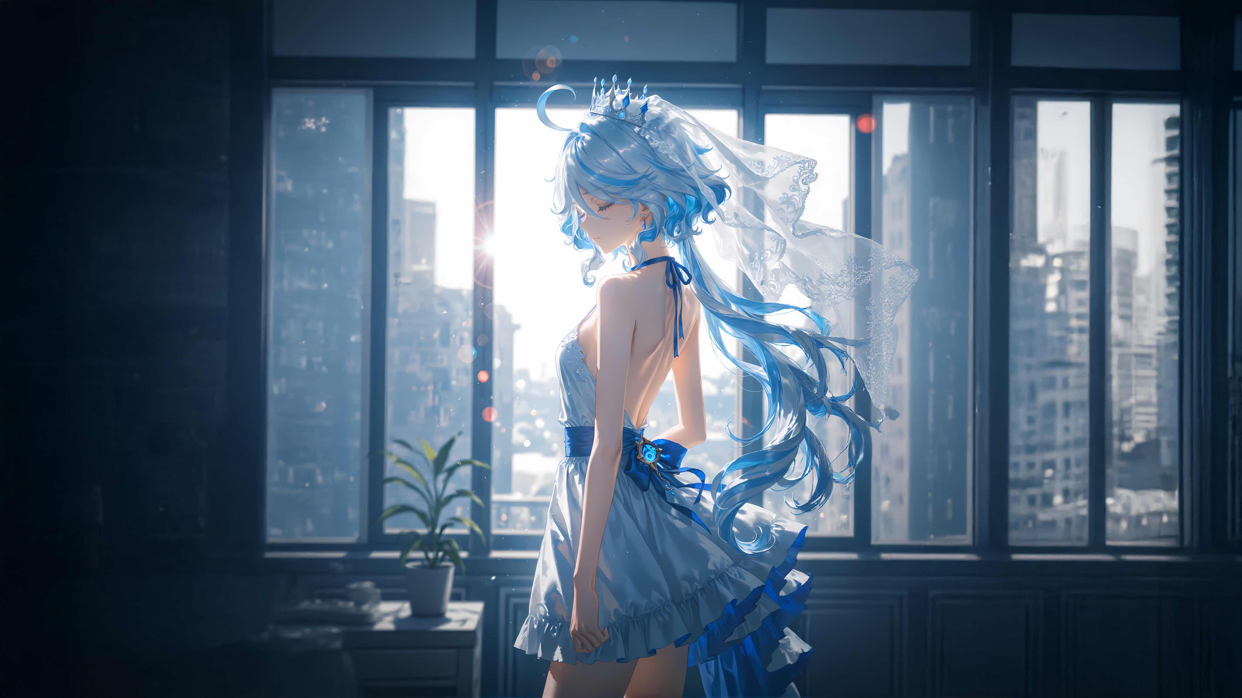 《原神》芙宁娜4K电脑壁纸，优雅高贵的水神立于波光粼粼的枫丹水景，华丽礼服与细腻光影交织，适合桌面收藏