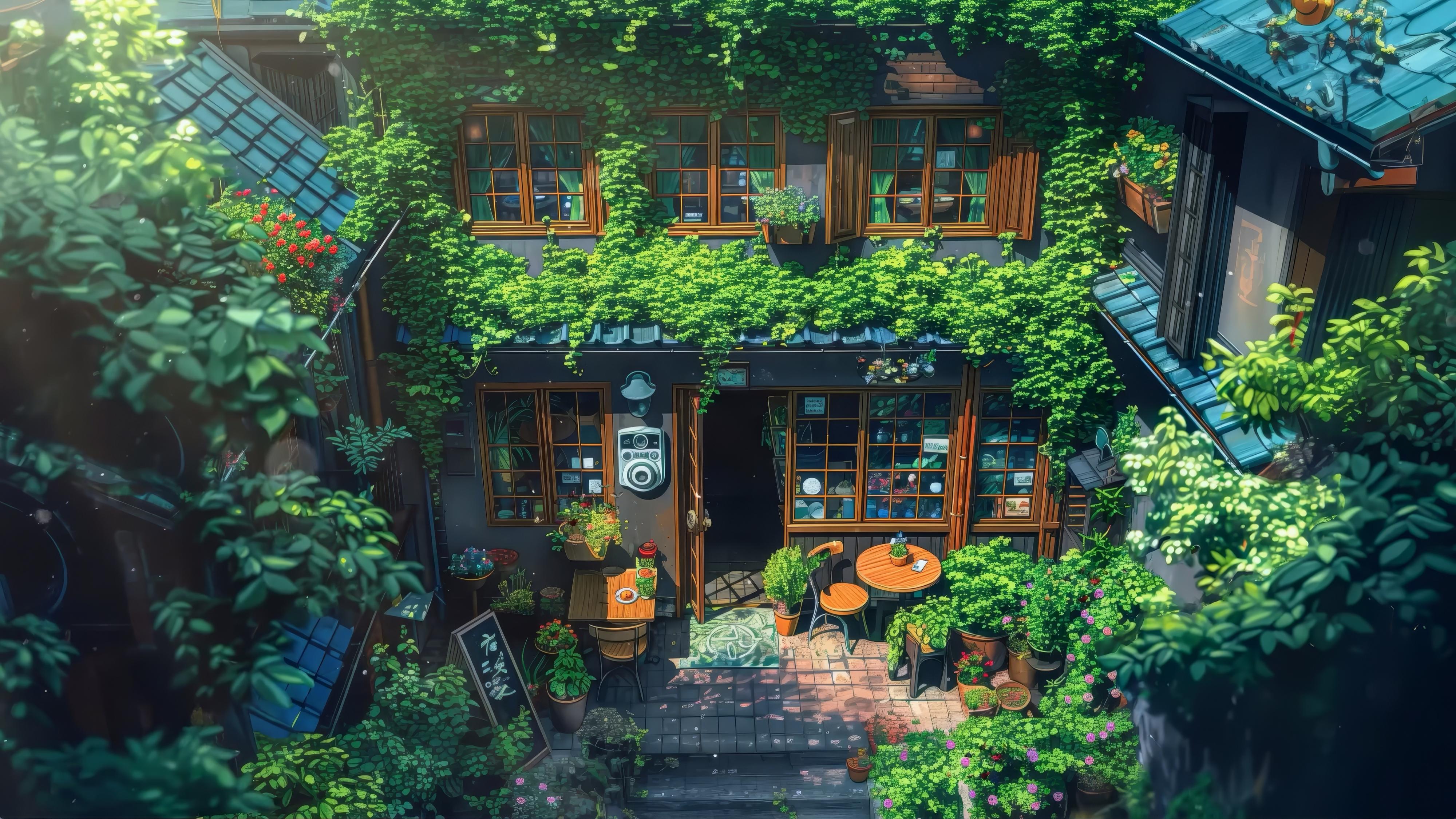 传统建筑咖啡小店4K高清壁纸，展现绿意盎然的咖啡小店与古朴建筑的温馨氛围