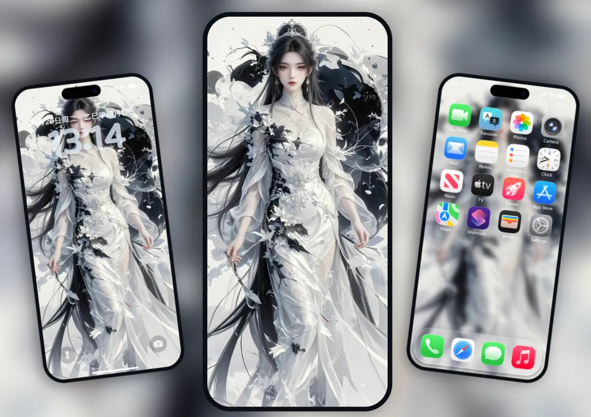 陆雪琪 · 水墨古风 4K 手机壁纸，白衣黑墨花纹，高冷仙气