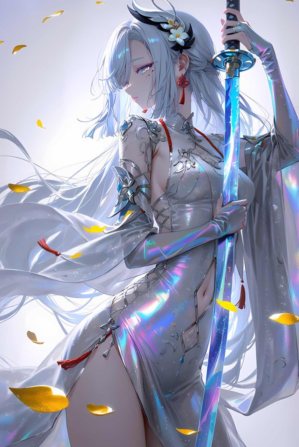 AI 绘画《原神》申鹤 | 银白剑侠飒爽唯美插画
