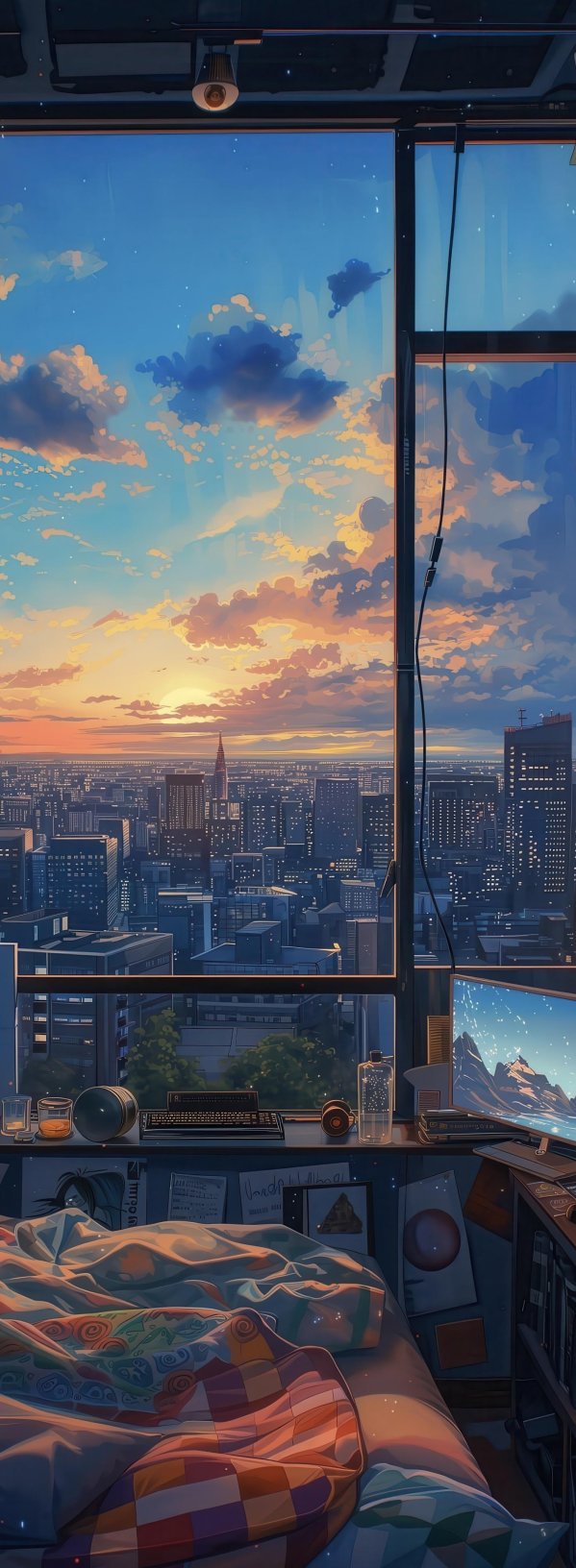 落日余晖映窗的都市卧室4K手机壁纸 | 静谧治愈系场景