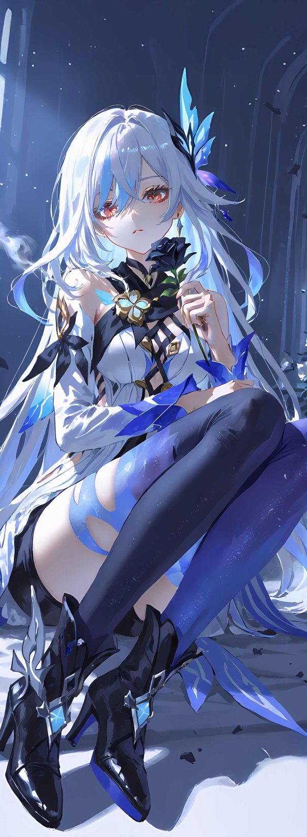 丝柯克·暮色遗迹4K手机壁纸｜红眸银发少女与暗夜玫瑰