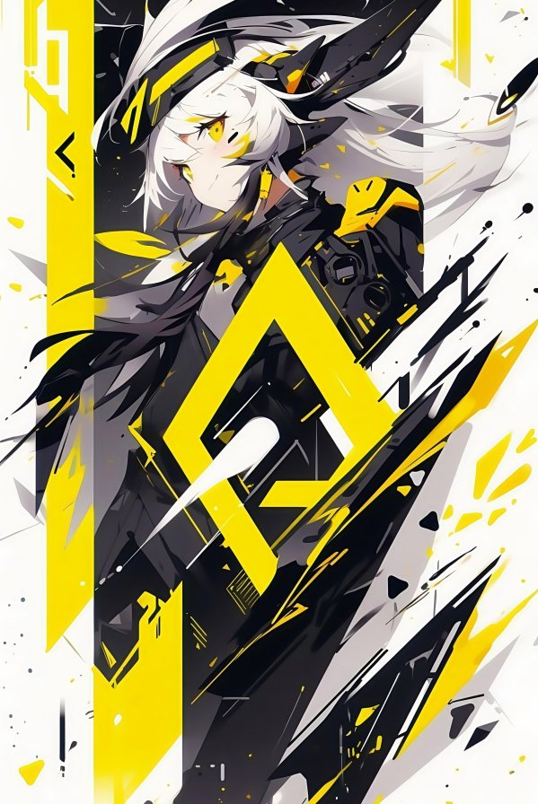 抽象几何风动漫少女4K手机壁纸 | 黑黄撞色艺术插画