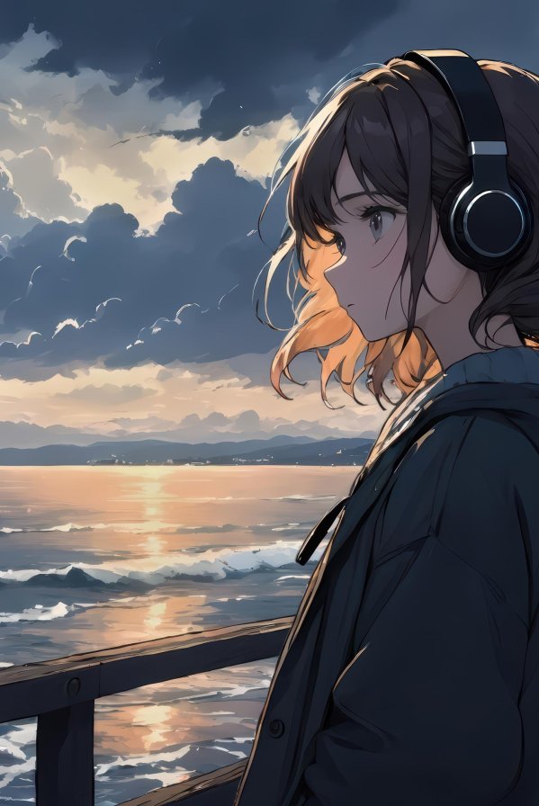 戴耳机的动漫少女黄昏海边4K电脑壁纸 | 治愈系孤独场景