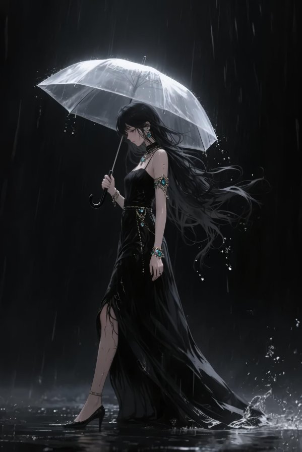 透明伞下雨夜行者4K高清电脑壁纸 | 孤独神秘唯美场景