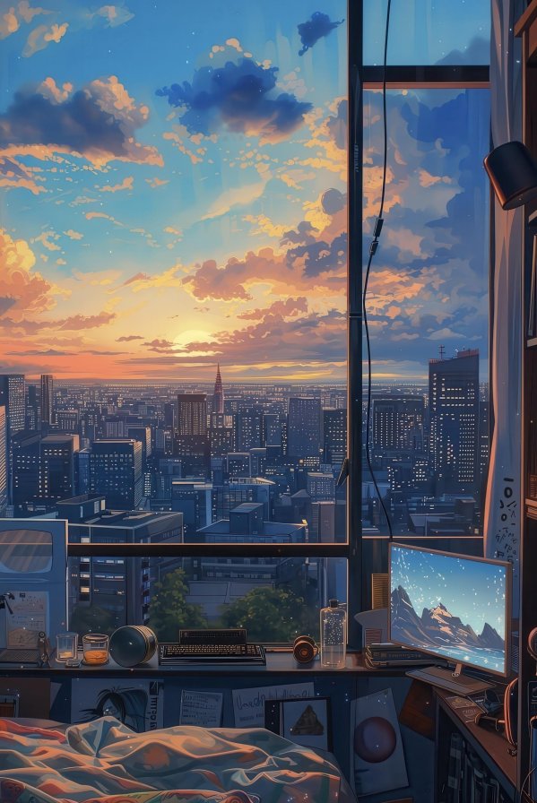 落日余晖映窗的都市卧室4K手机壁纸 | 静谧治愈系场景