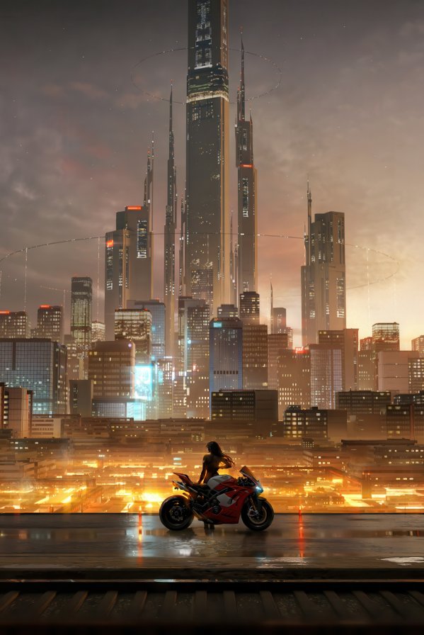 赛博都市暮光下的孤影机车｜城市夜景幻想风2K电脑壁纸