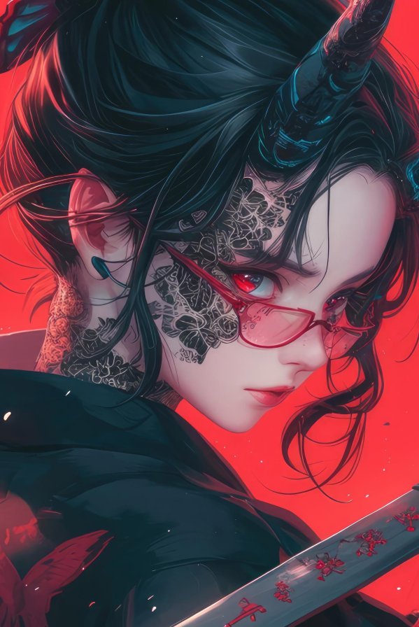 恶魔萝莉持刀4K动漫电脑壁纸 | 角眼镜与武士刀暗黑插画