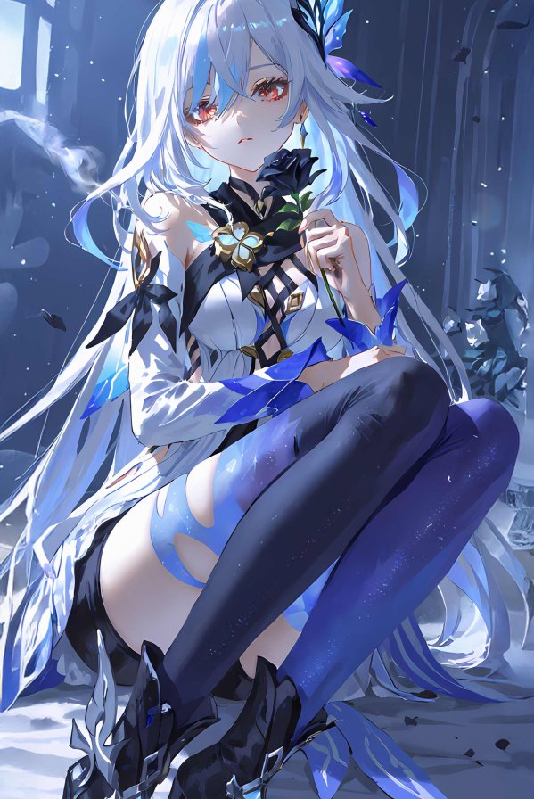 丝柯克·暮色遗迹4K手机壁纸｜红眸银发少女与暗夜玫瑰