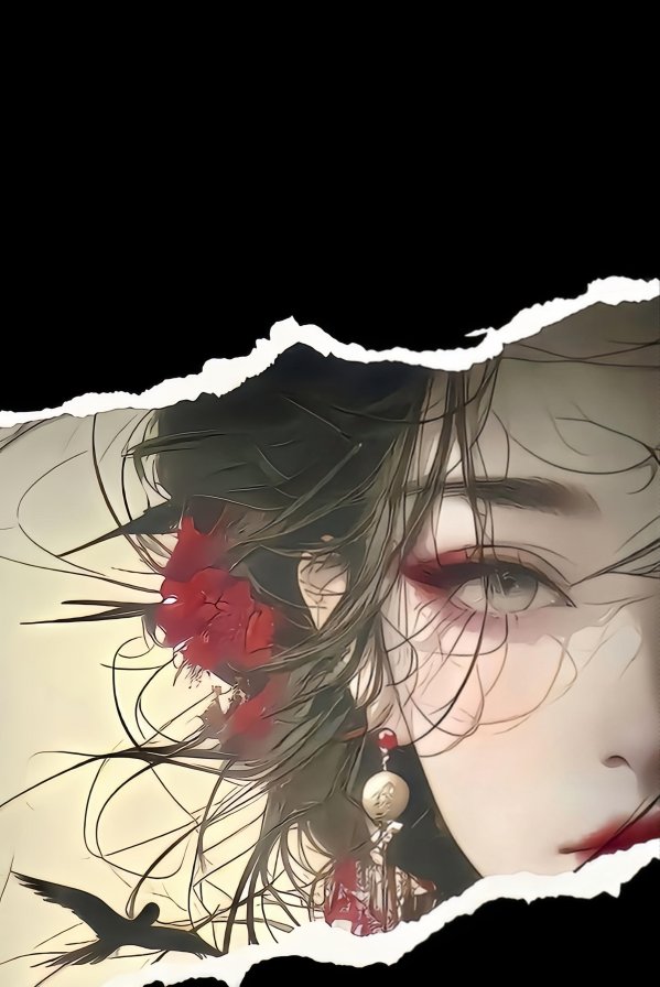 古风女子撕裂风格肖像4K手机壁纸|唯美黑红插画背景图